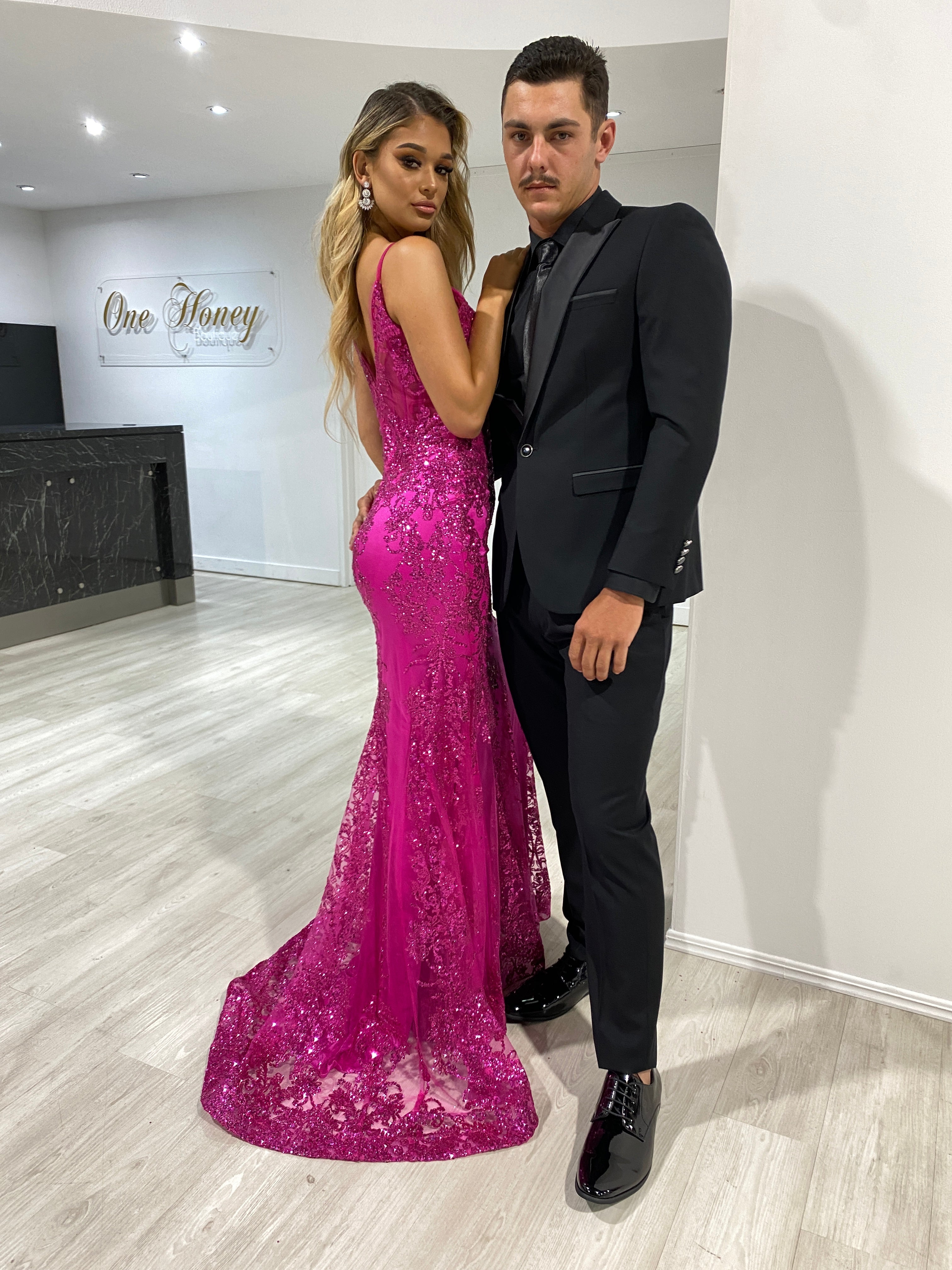 CAROLE Sequin Glitter Corset Mermaid School Formal Dress with metallic lace and sequins, perfect for formal events. Brisbane to Gold Coast.