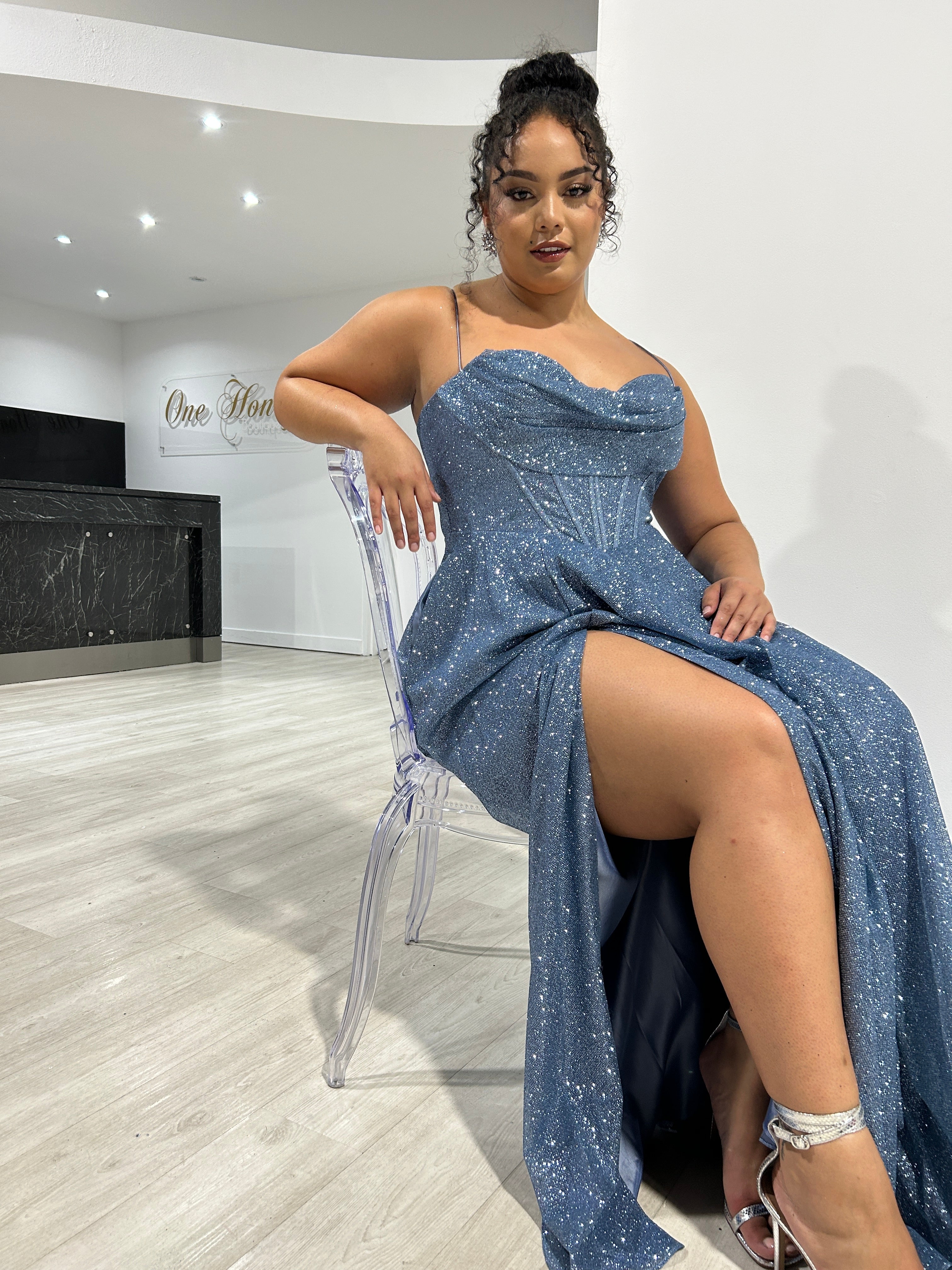 DREYA Curve Corset Glitter Ballgown with pleated cowl neckline, perfect for school formal dress. Brisbane to Gold Coast, Australia.