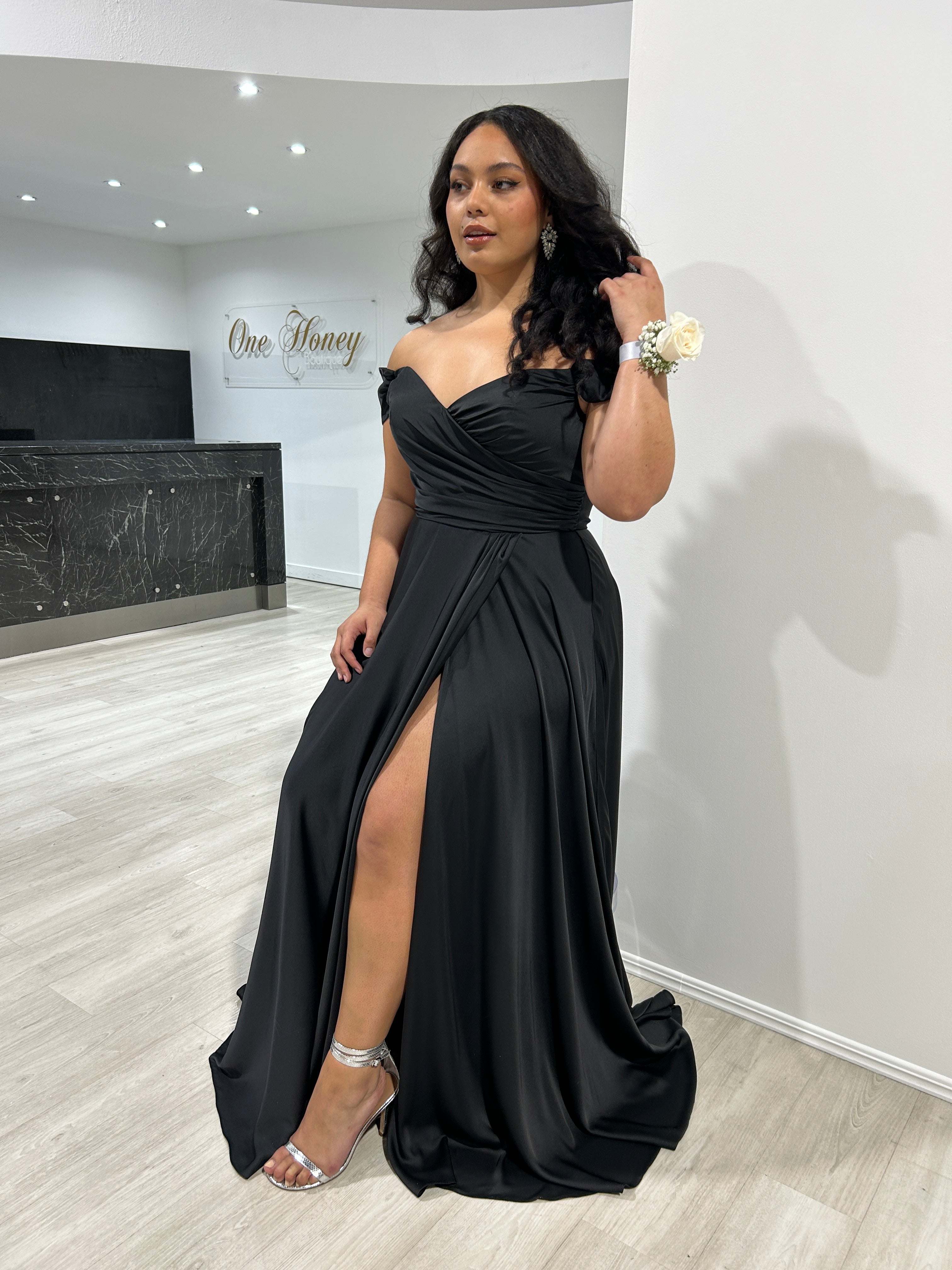 AURA Off the Shoulder Silky A-Line Formal Dress featuring a sleek satin finish and thigh-high slit. Bridesmaid gown. Brisbane to Gold Coast, Australia.