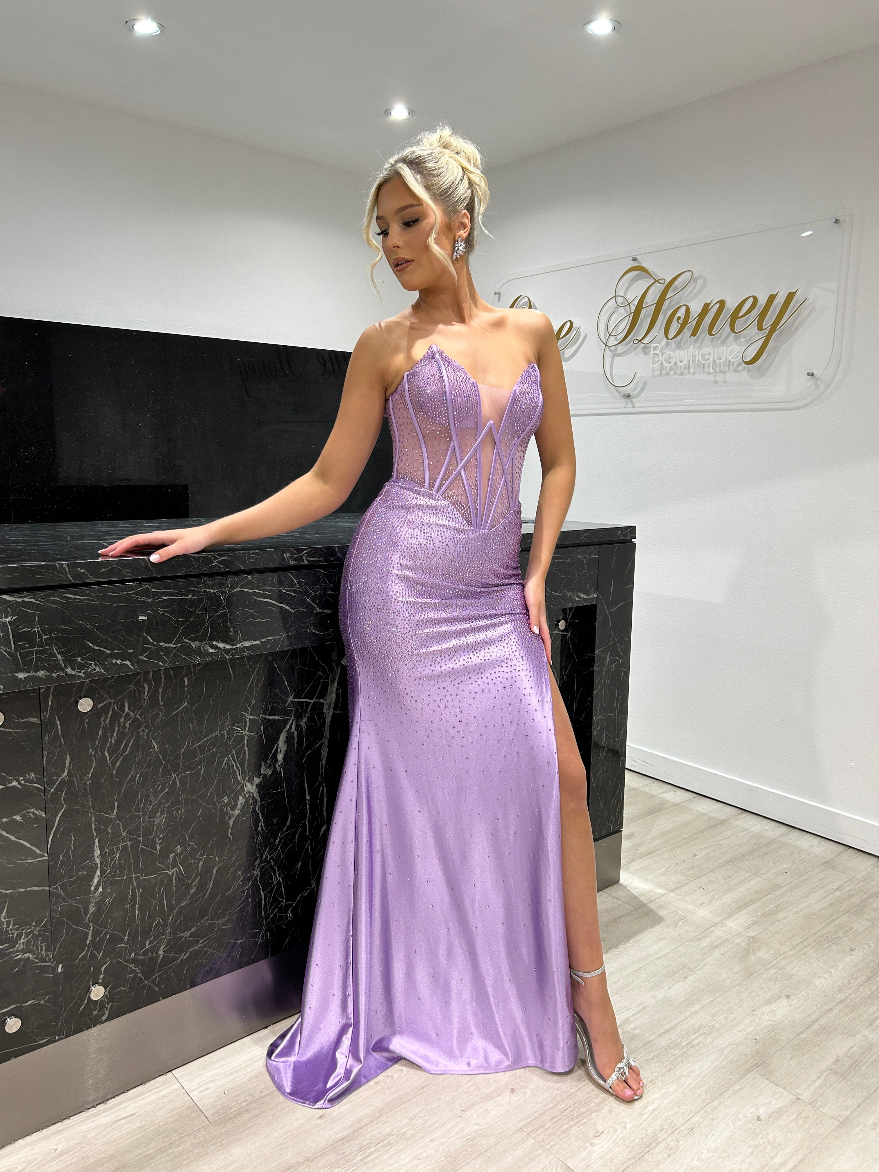 ROMANA strapless satin corset evening gown with diamanté detail, showcasing a slit and hot stone embellishments. Brisbane to Gold Coast.