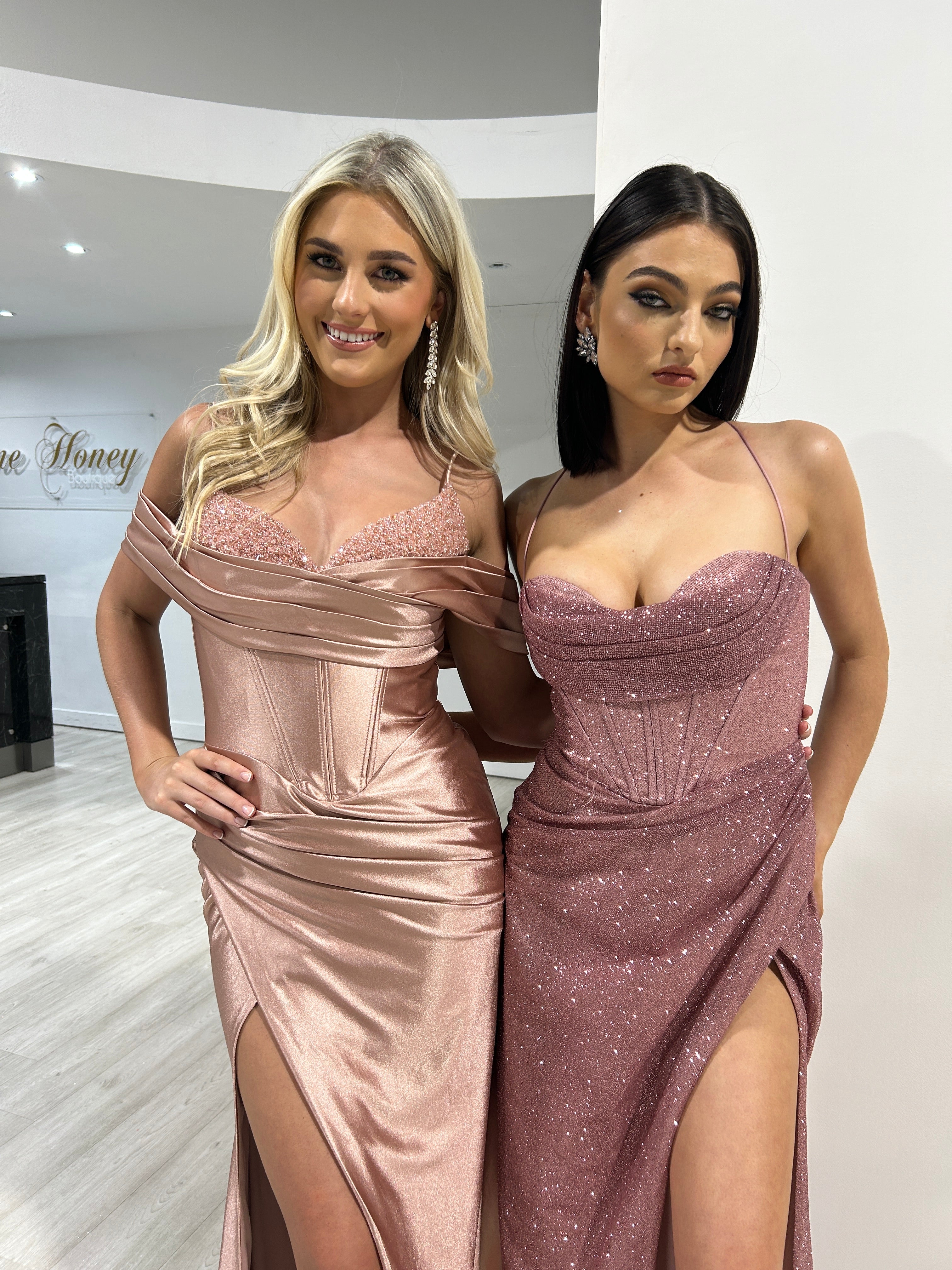 DAYA Glitter Corset Bustier Mermaid Gown with shimmering fabric and draped neckline, ideal for evening events, Brisbane to Gold Coast.