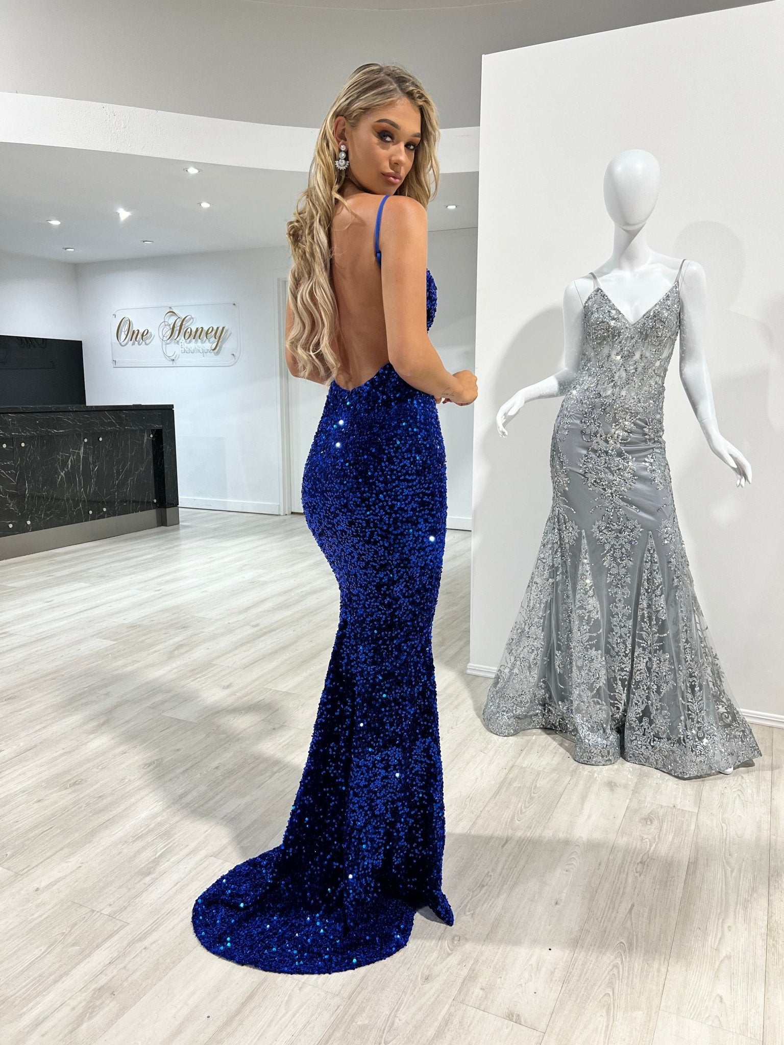 Honey Couture KAYTUM Low Back Sequin Mermaid Evening Gown Dress in Australia | One Honey Boutique