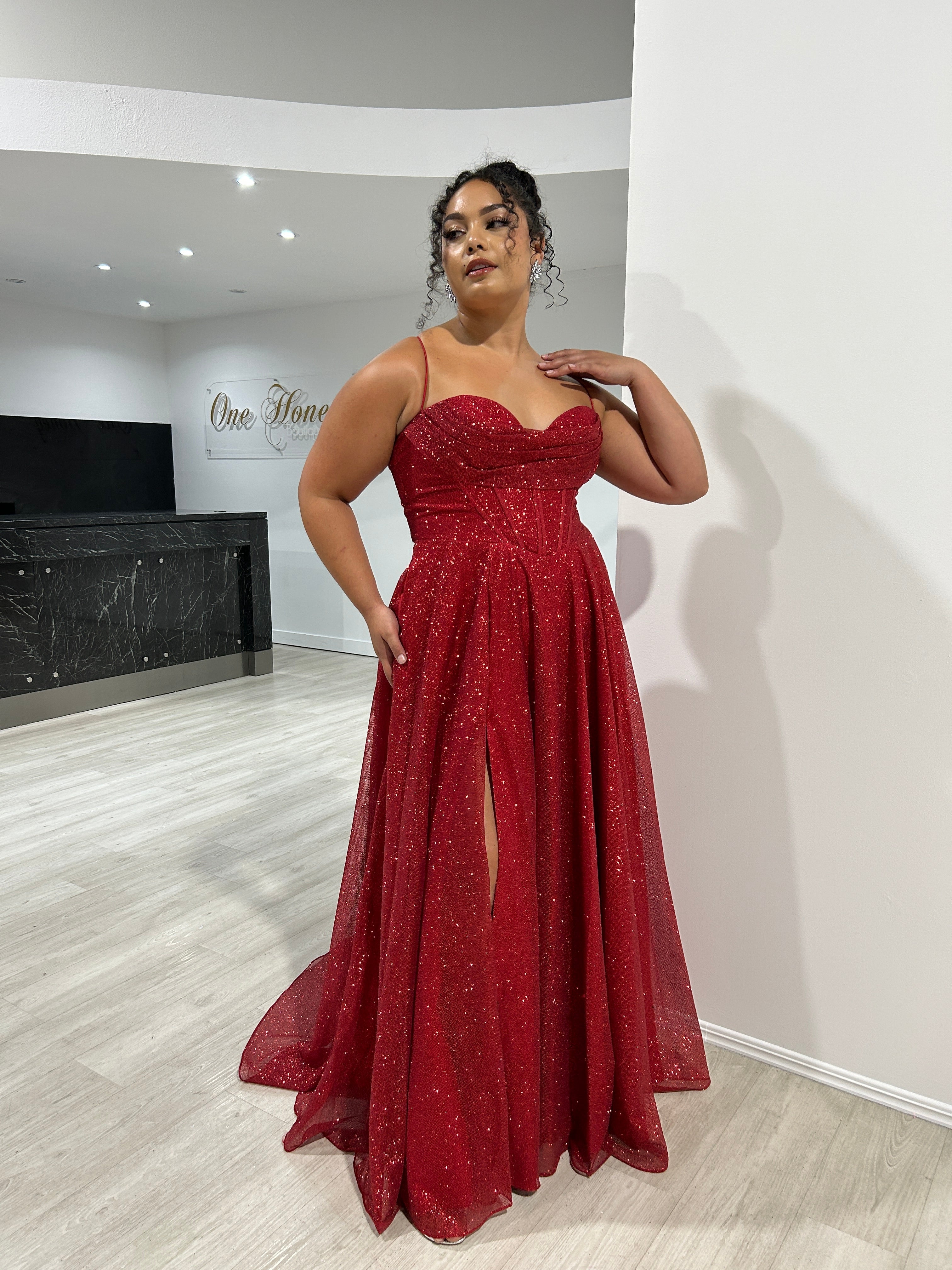 DREYA Curve Corset Glitter Ball Gown with pleated neckline and slit, school formal dress, Brisbane to Gold Coast, Australia.