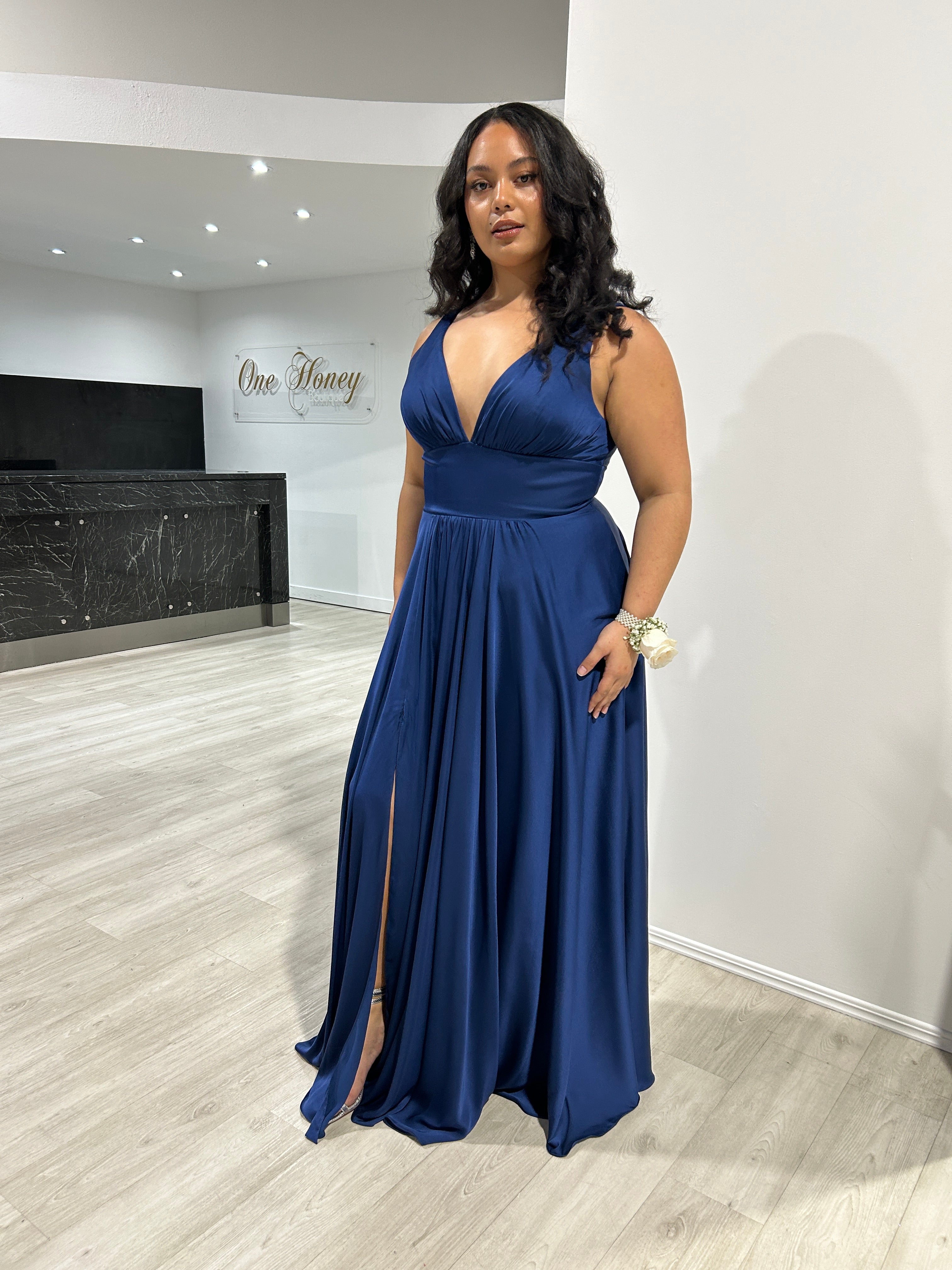 NELLIE Deep V Neck Silky A-Line Bridesmaid Dress with front slit, elegant evening gown, Brisbane to Gold Coast, Australia