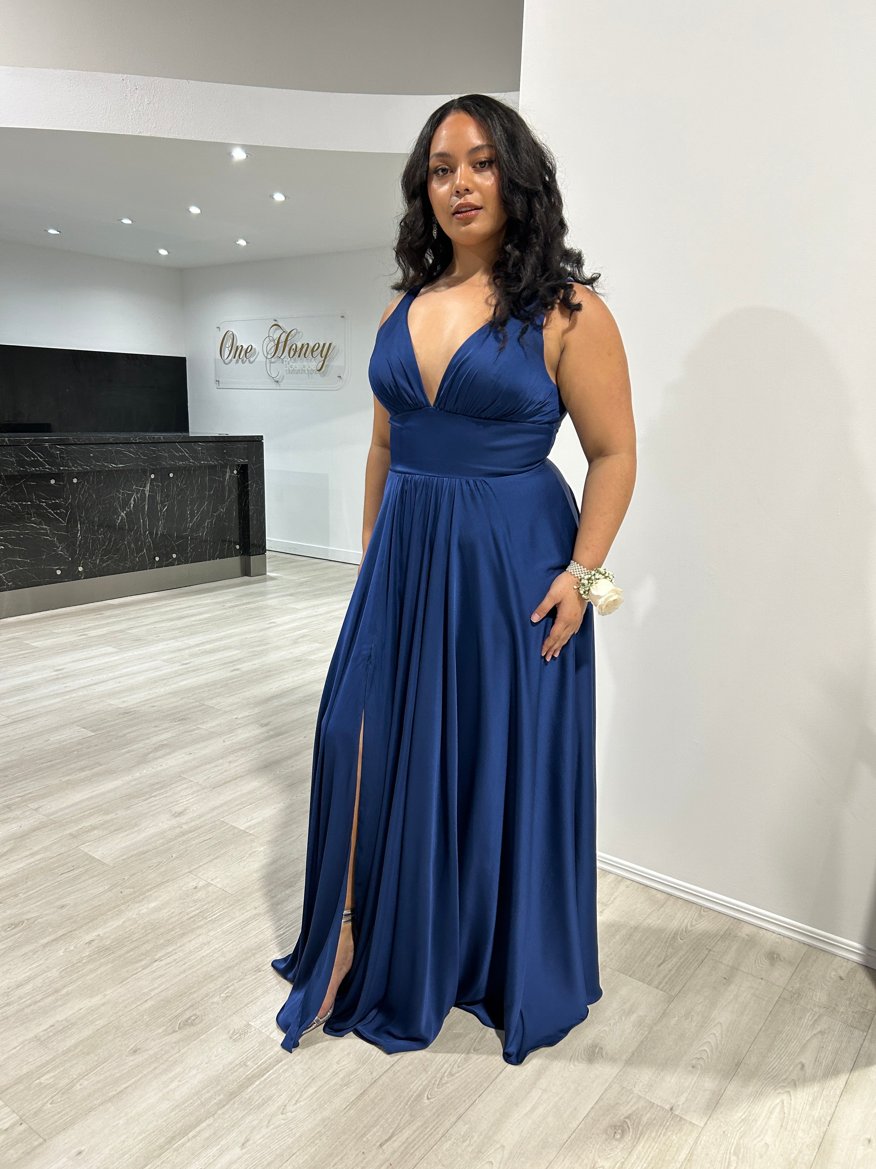 Honey Couture NELLIE Navy Blue Silky A Line Bridesmaid Formal Dress