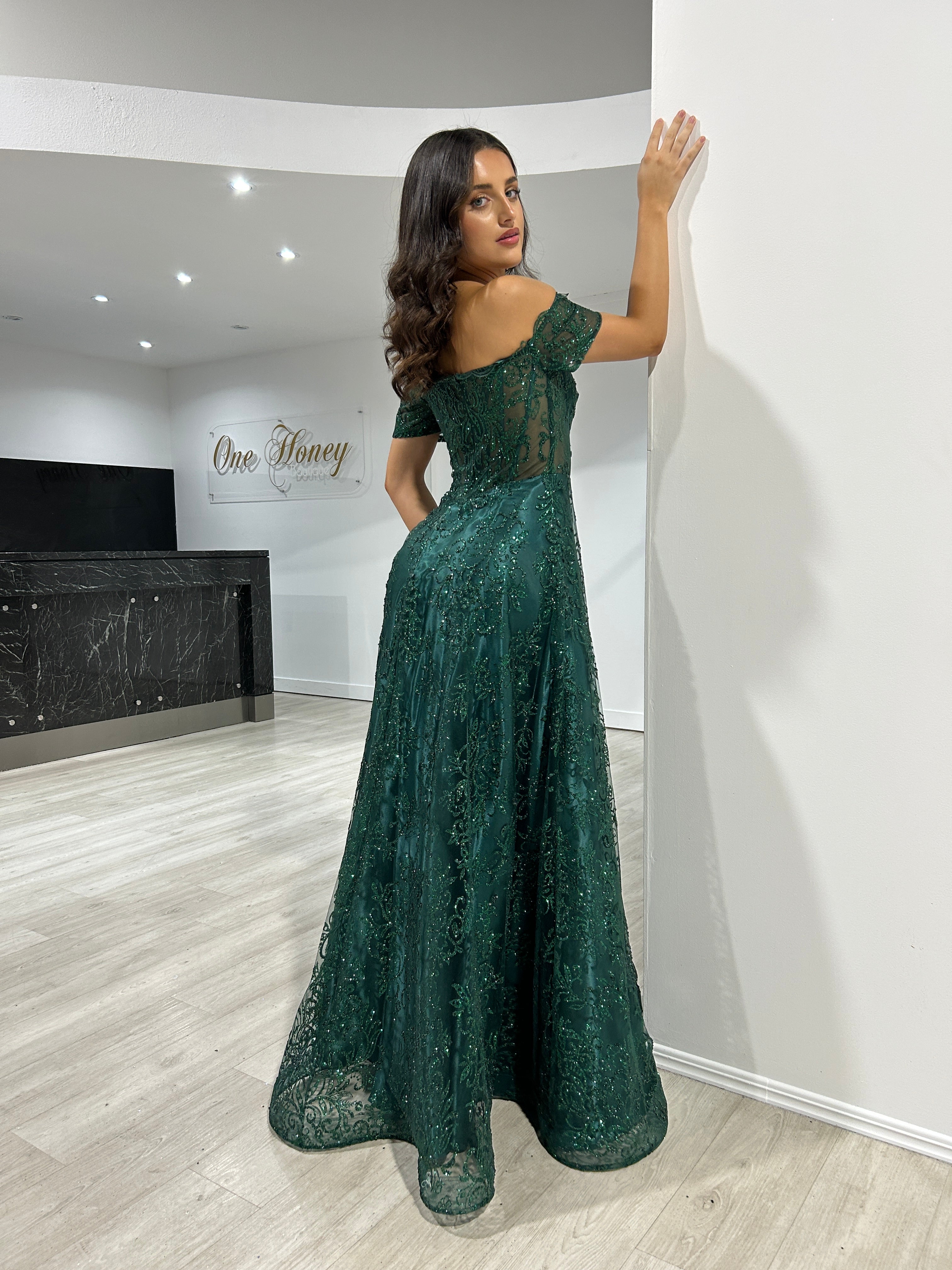 THEA Off The Shoulder Glitter Ball Gown, green lace bodice evening dress, Brisbane to Gold Coast, Australia