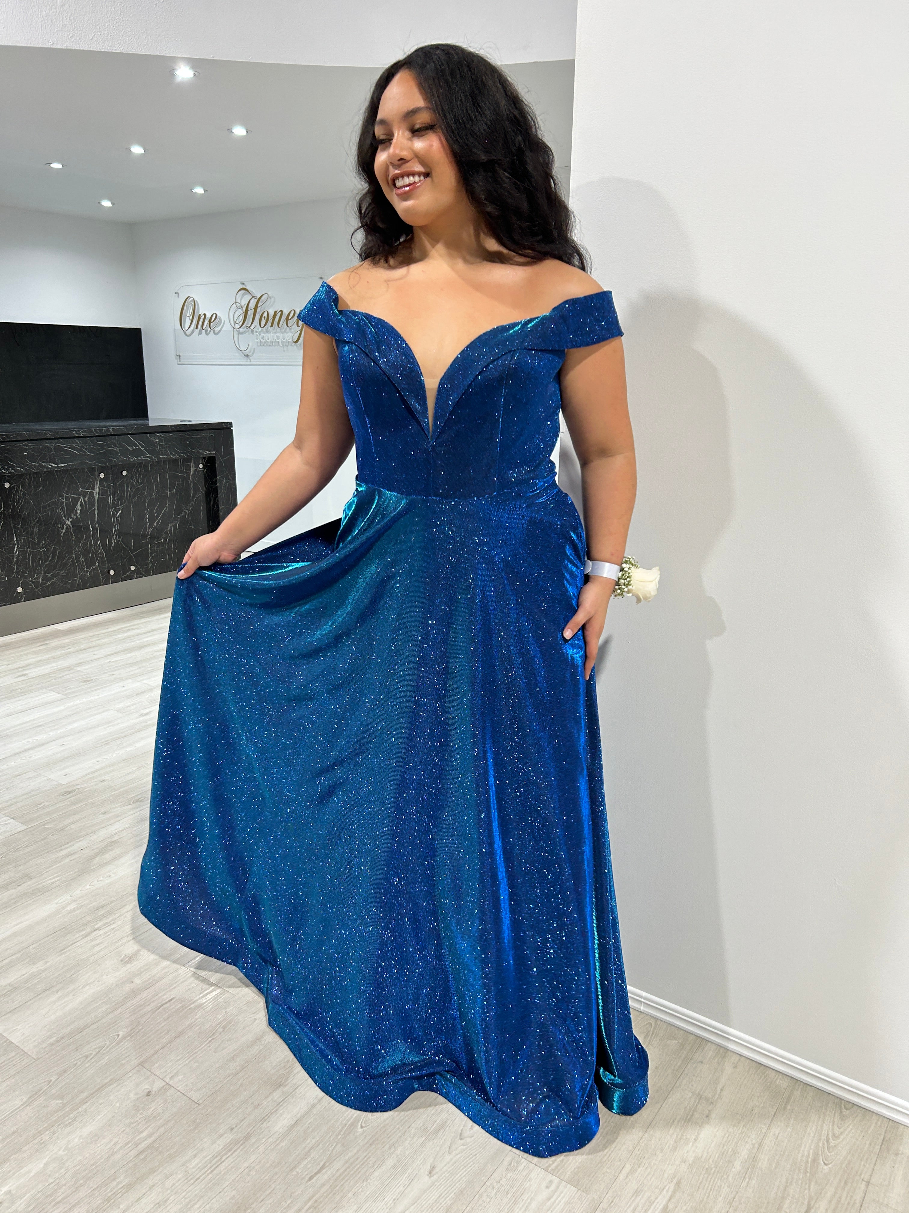 Honey Couture REBEL Blue Glitter Off The Shoulder A-Line Formal Dress