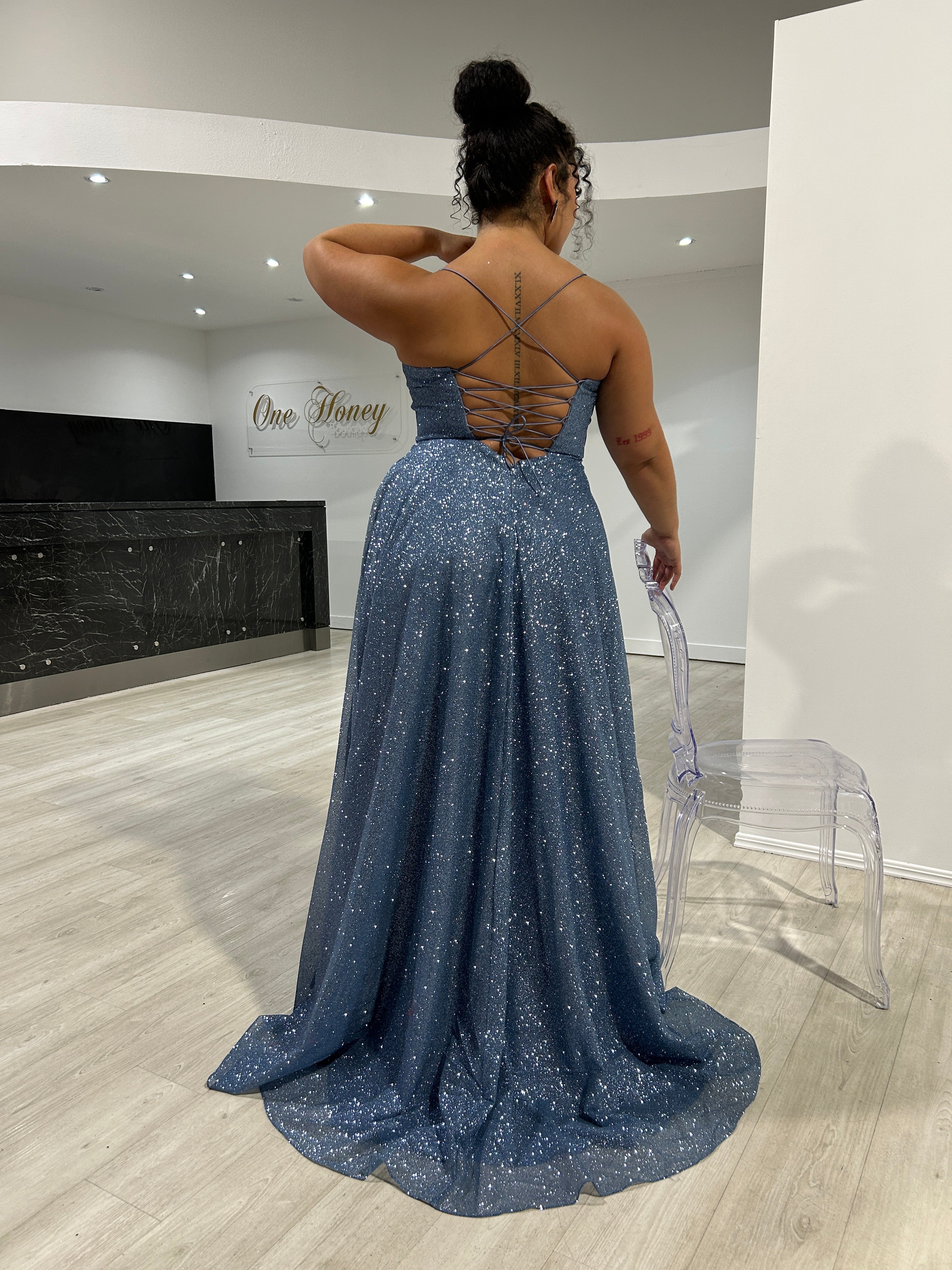 DREYA Curve Corset Glitter Ball Gown with a sparkling bodice and lace-up back, perfect school formal dress. Brisbane to Gold Coast, Australia.