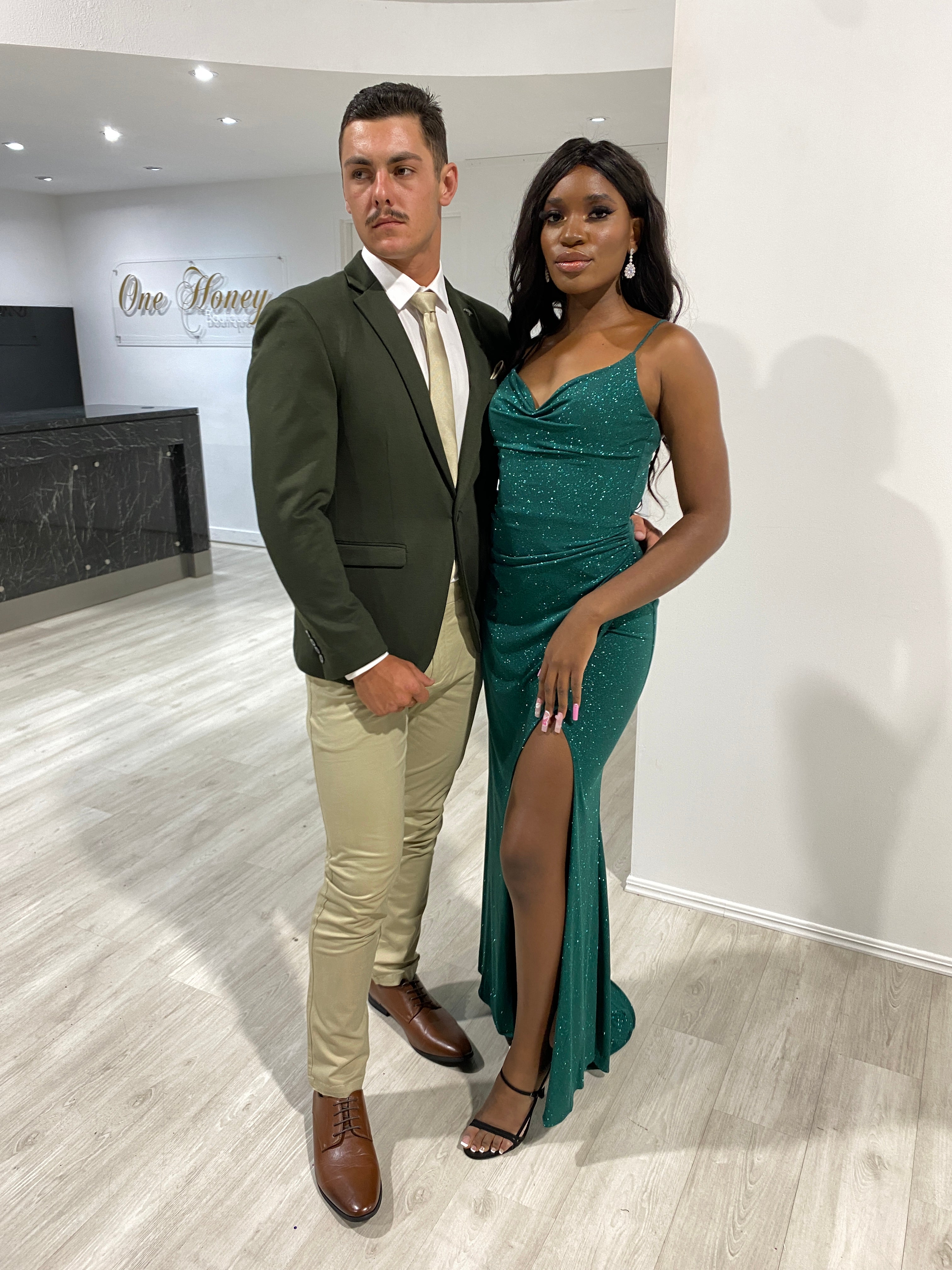 CRISTELLA glitter corset mermaid gown with cowl neckline and leg slit, formal dress for Brisbane to Gold Coast Australia.