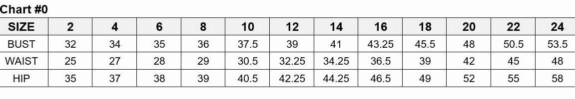 Size chart displaying measurements in bust, waist, and hip for sizes 2 to 24.