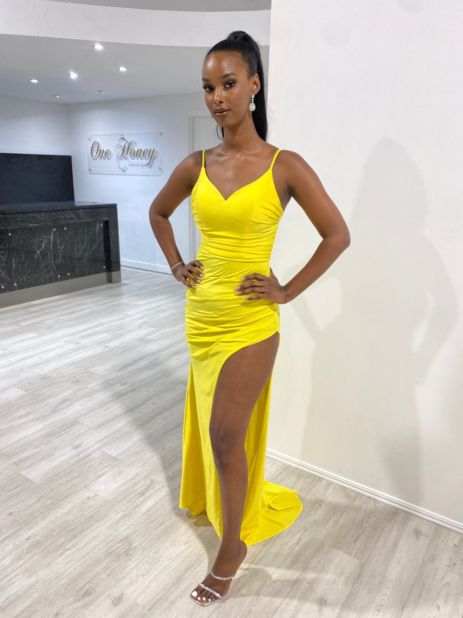 Honey Couture ZURI Corset Back Ruched Waist Formal Evening Dress in Australia | One Honey Boutique