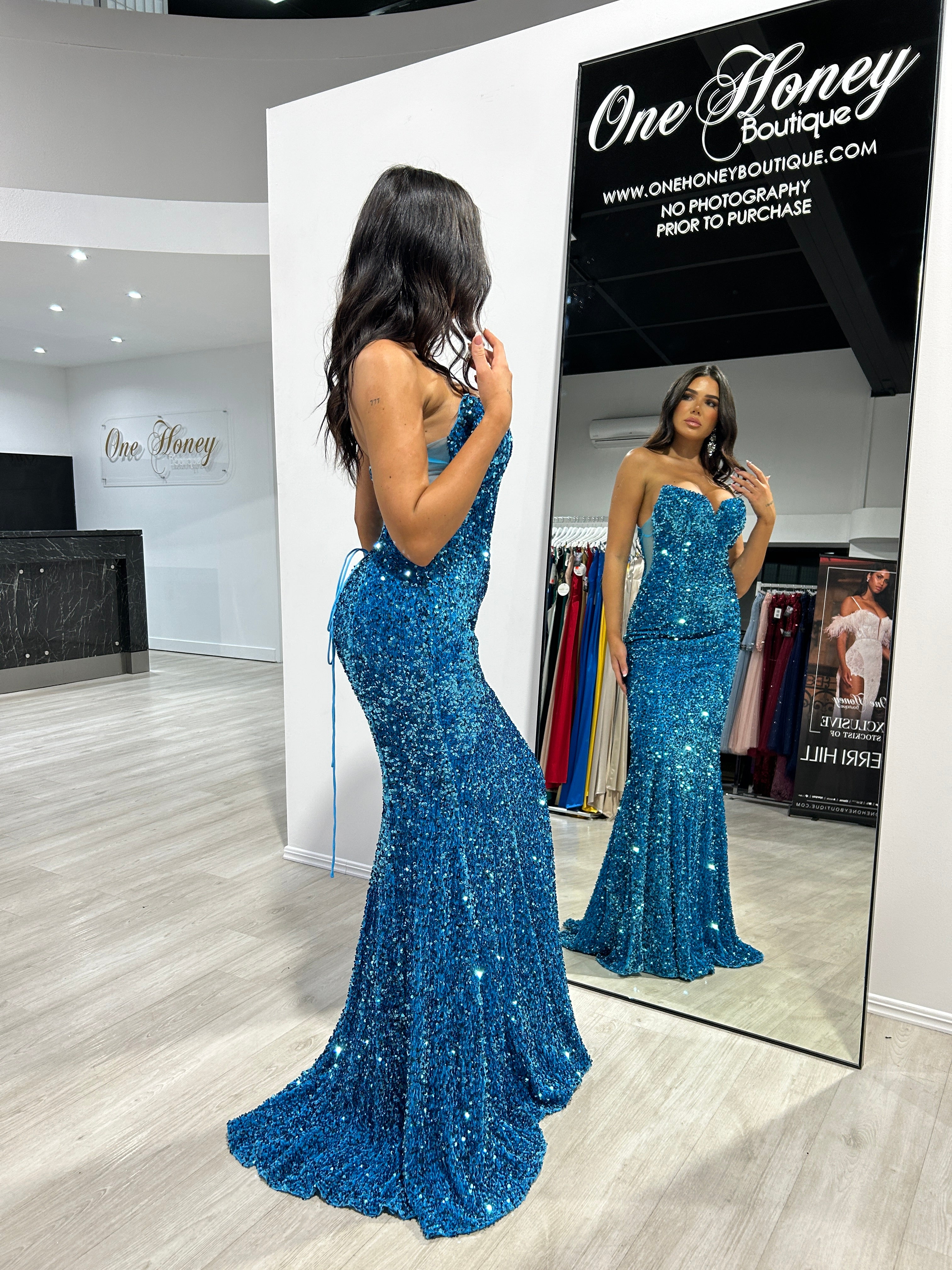 CAMPBELL Sequin Strapless Corset Evening Gown with Mermaid Fit, reflecting elegance and allure. Perfect for formal events. Brisbane to Gold Coast.