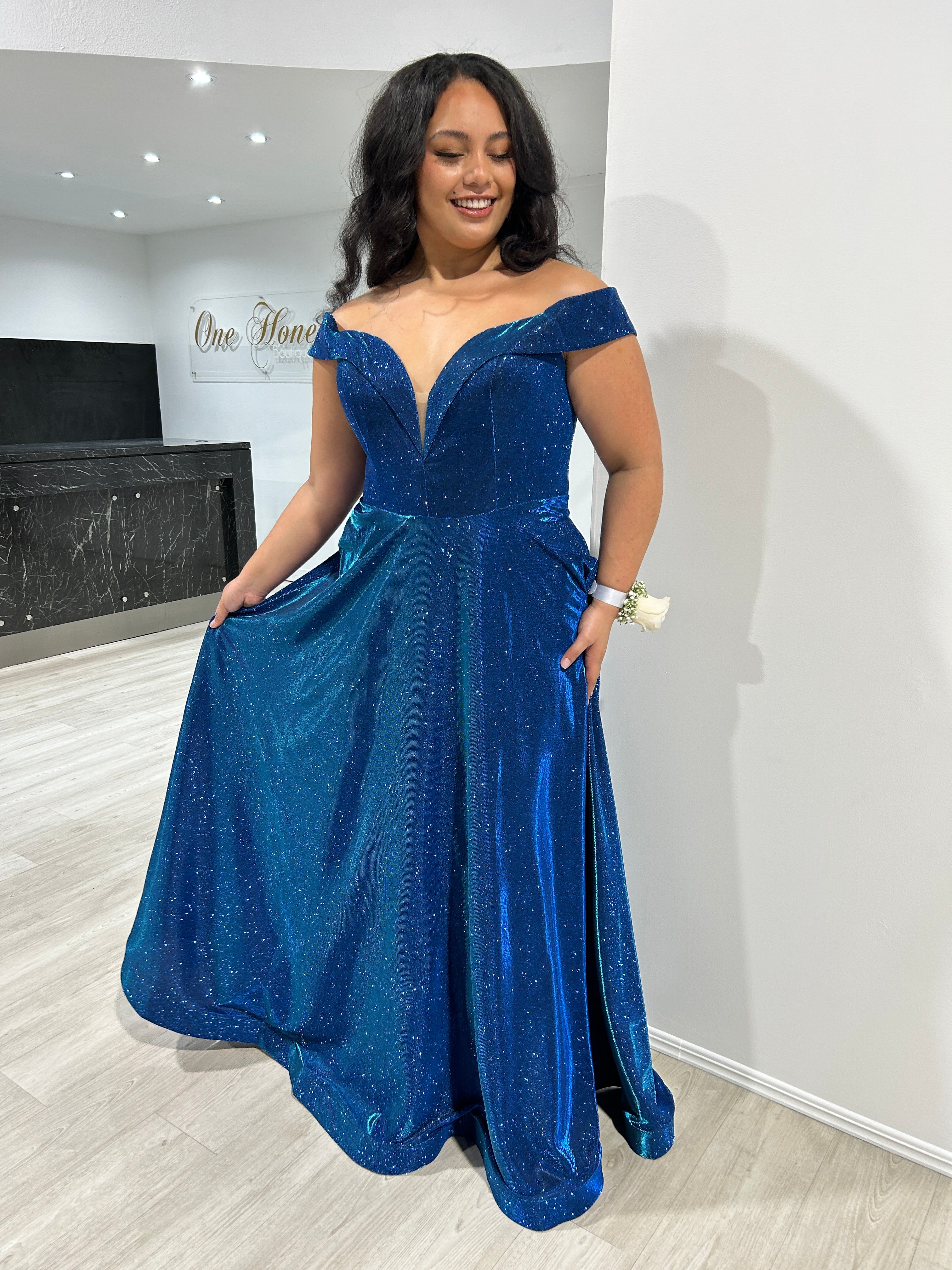 REBEL Curve blue glitter off-the-shoulder A-line formal dress with corset, evening gown, Brisbane to Gold Coast, Australia.