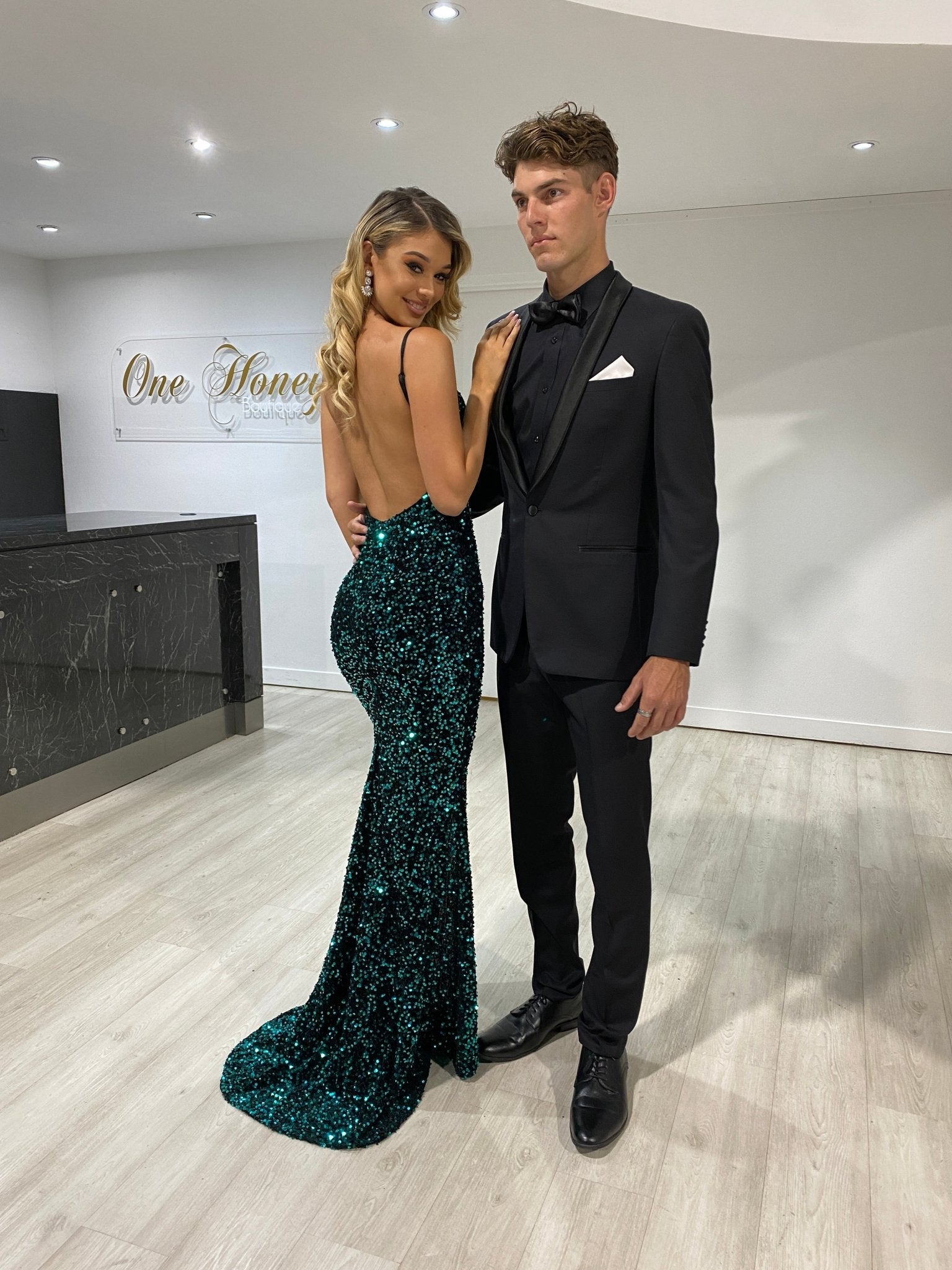 Honey Couture KAYTUM Low Back Sequin Mermaid Evening Gown Dress in Australia | One Honey Boutique