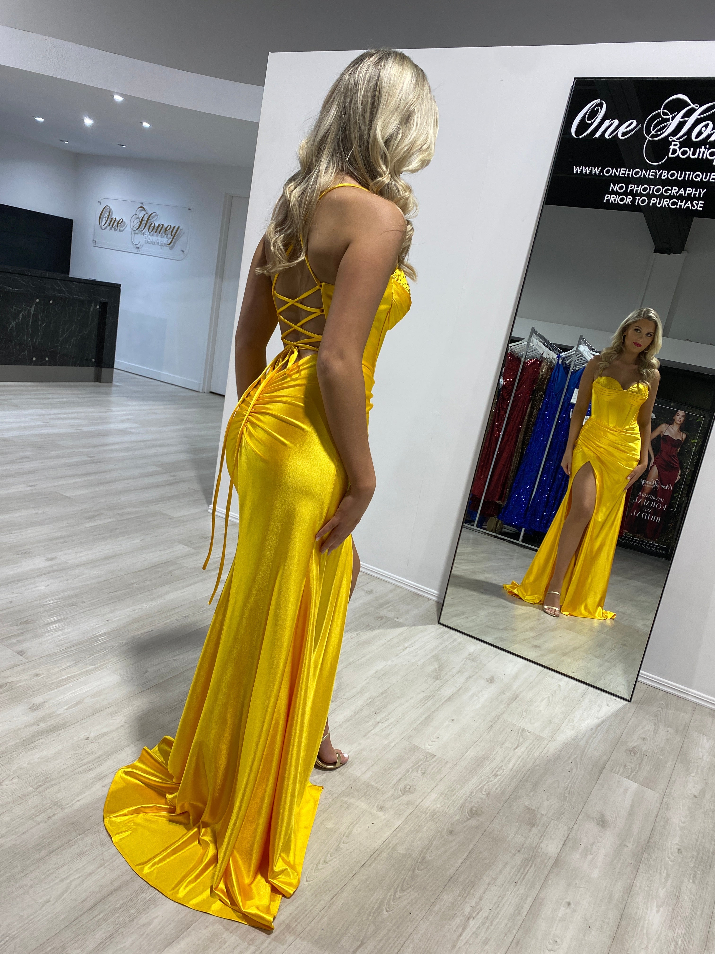 RAFAELLA Crystal Diamante Bustier Corset Lace Up Back Silky Mermaid Formal Dress with side slit, evening gown Brisbane to Gold Coast