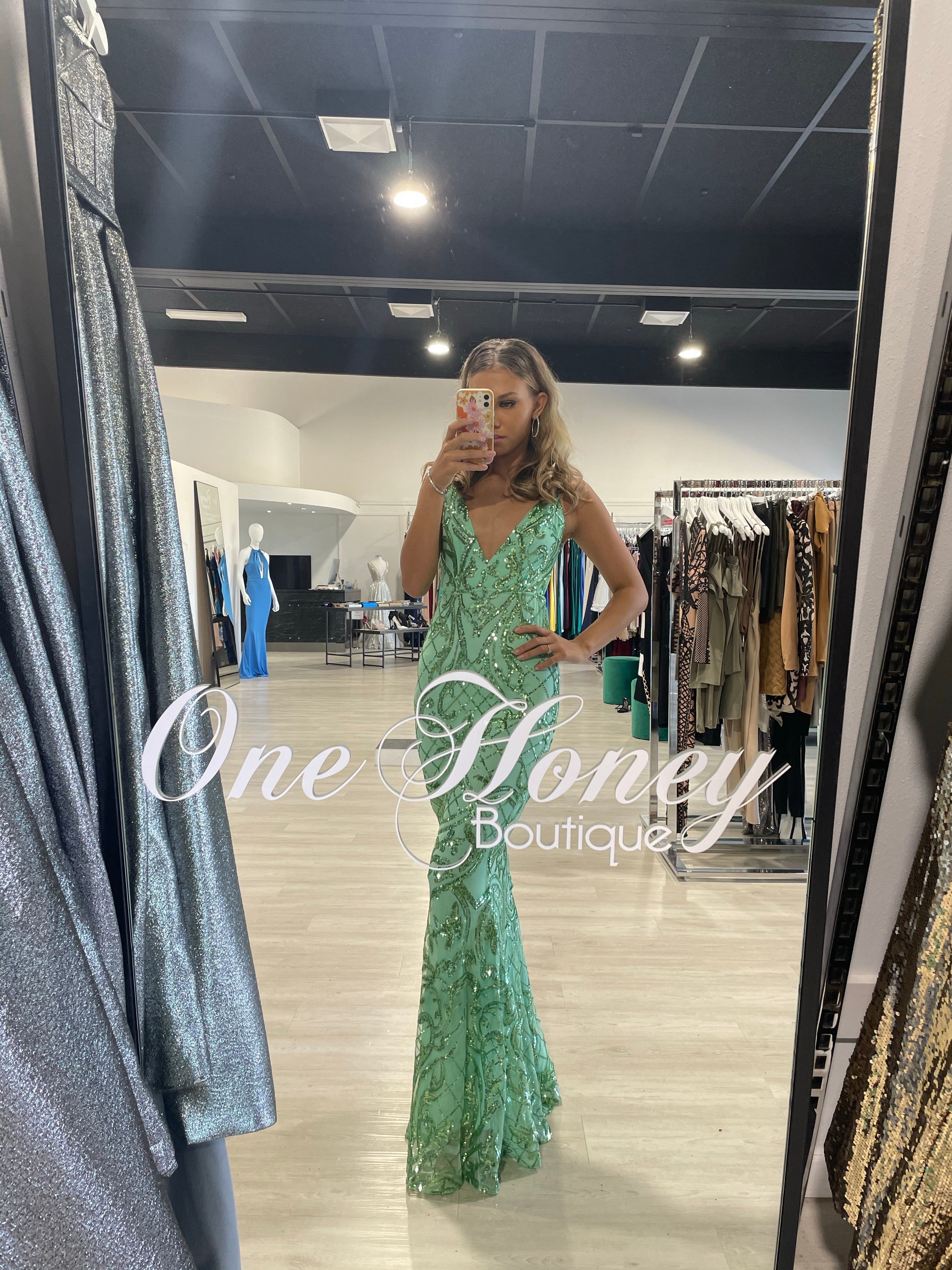 Woman wearing Honey Couture TRISTIN Green Sequin Dress, Australian Designer, Prom, Formal, Evening Gown, Affordable Fashion.