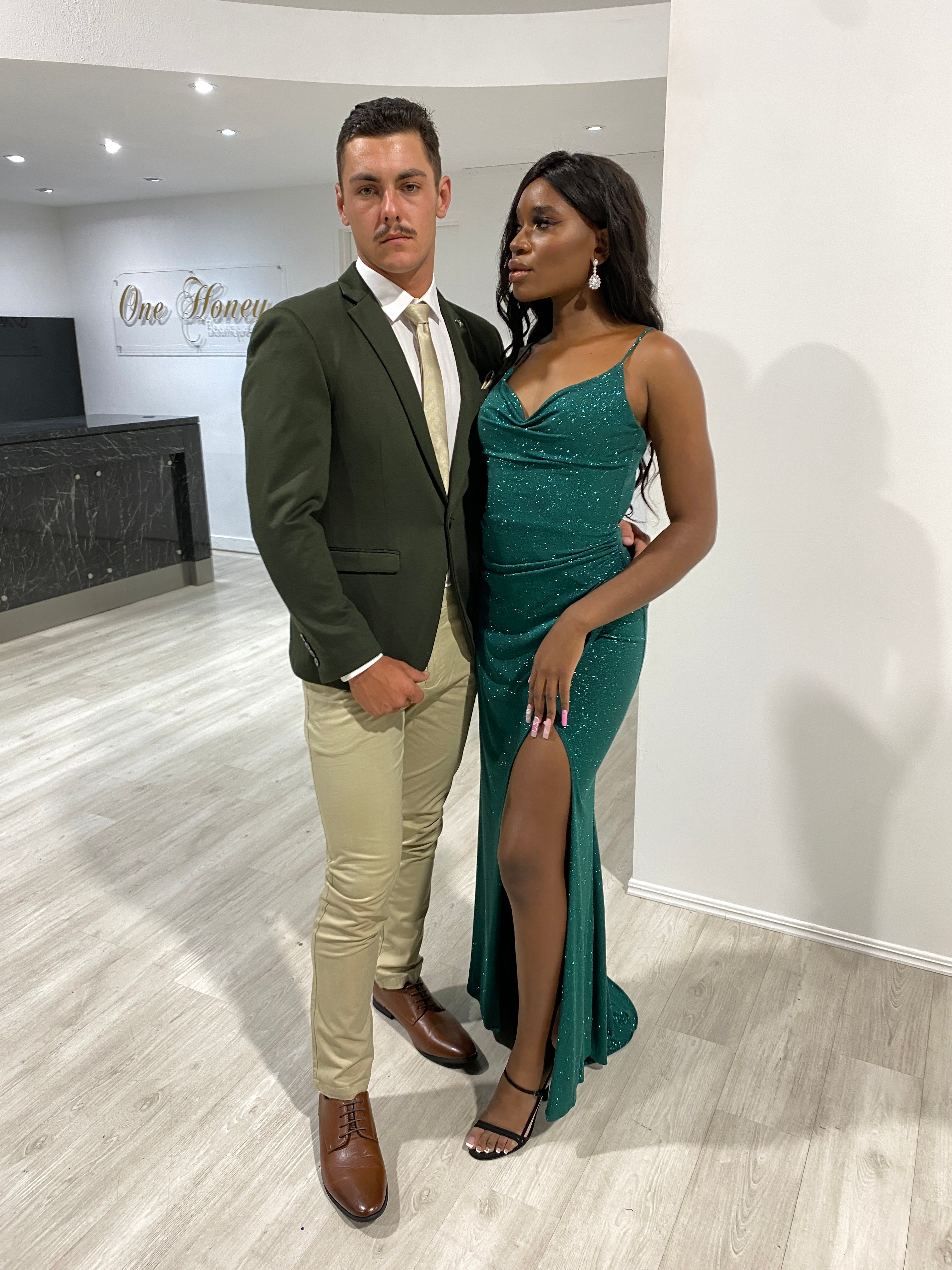 CRISTELLA Crystal Shimmer Glitter Corset Mermaid Gown with leg slit, a chic formal dress for events. Brisbane to Gold Coast, Australia.