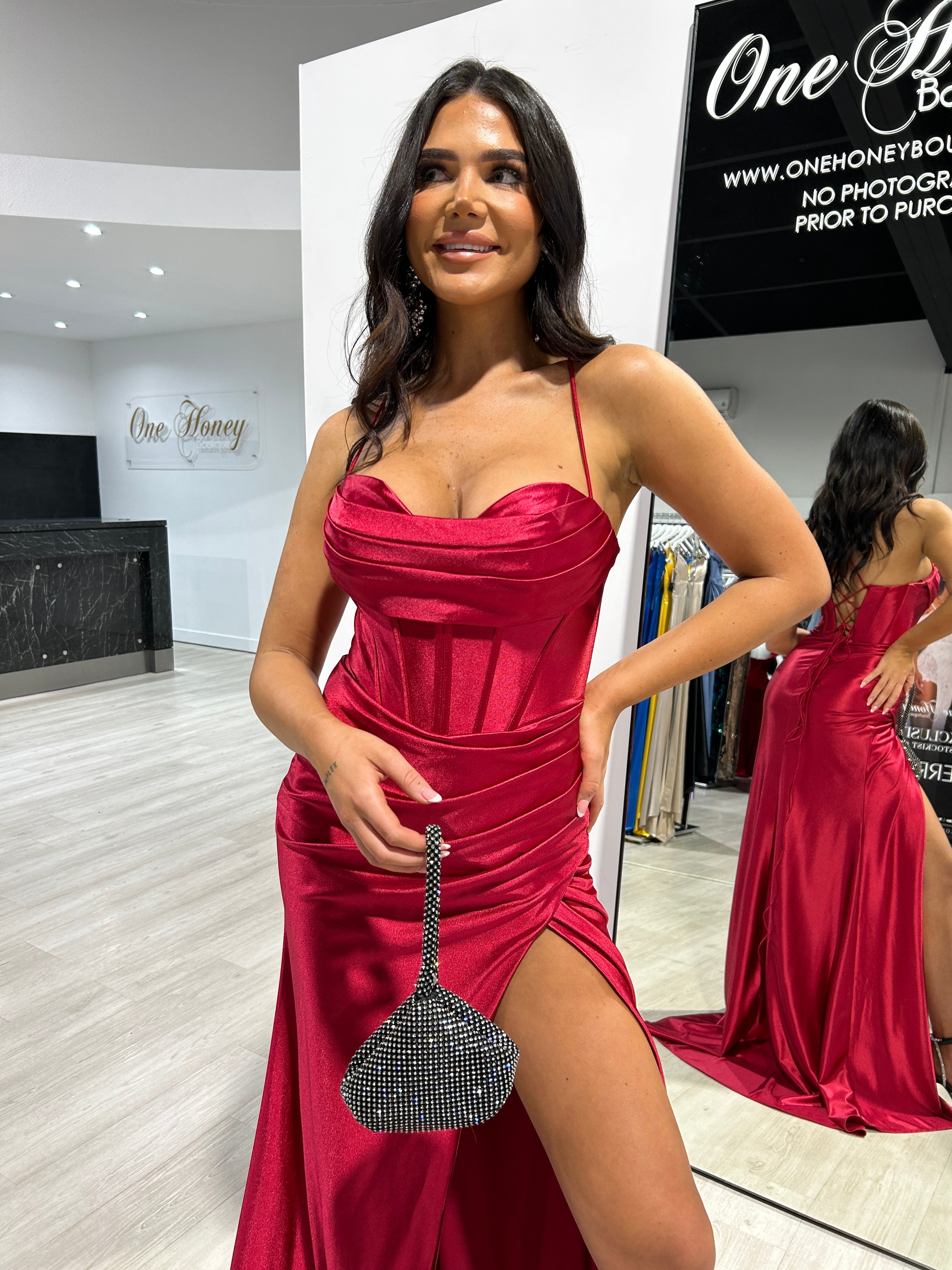 DONATELLA Bustier Corset Lace Up Back Satin Mermaid Formal Dress with cowl neckline and spaghetti straps. Evening gown. Brisbane to Gold Coast.