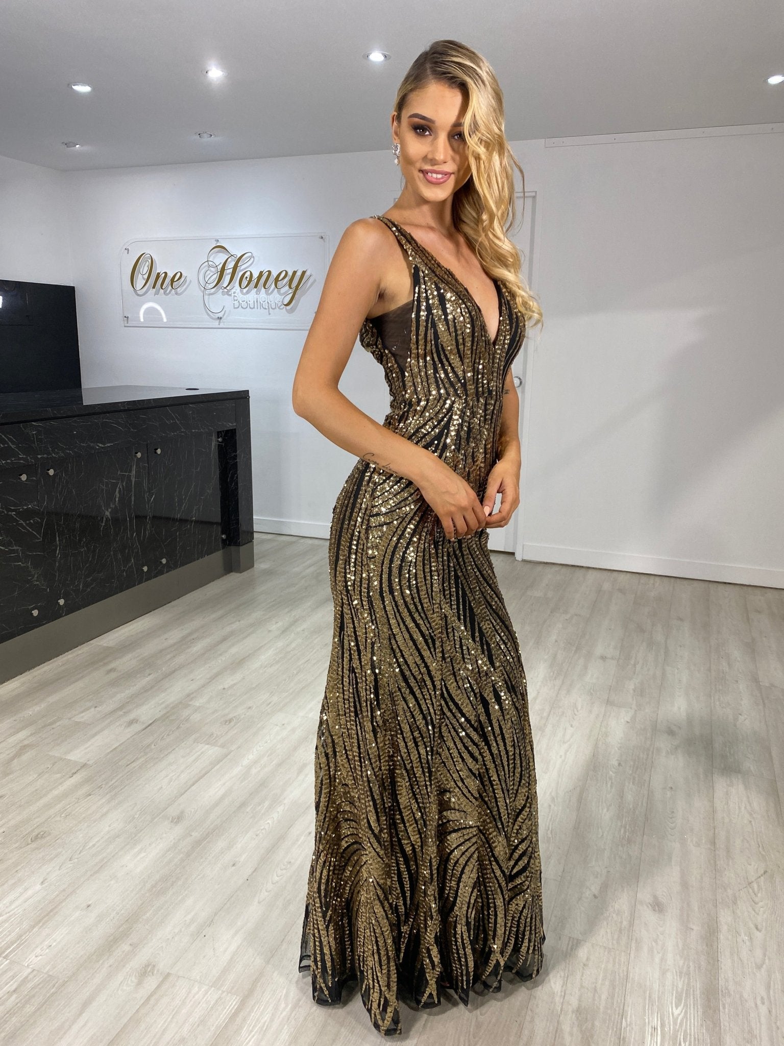 Honey Couture YASMIN V Front Sequin Formal Evening Gown in Australia | One Honey Boutique