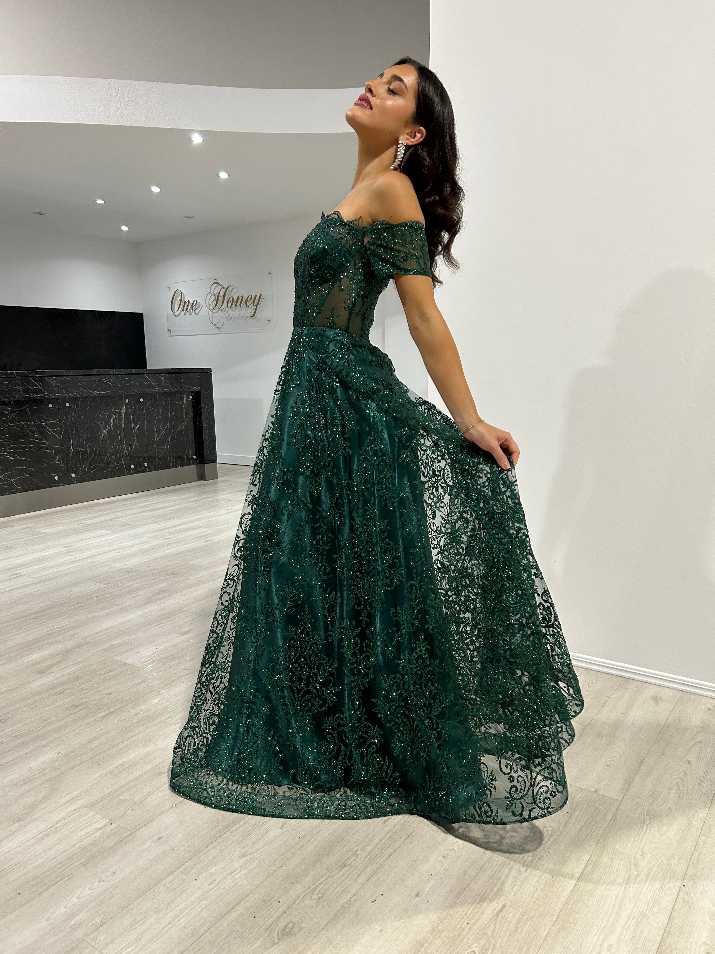 THEA Off The Shoulder Glitter Ball Gown with lace detailing, perfect formal evening dress, Brisbane to Gold Coast.