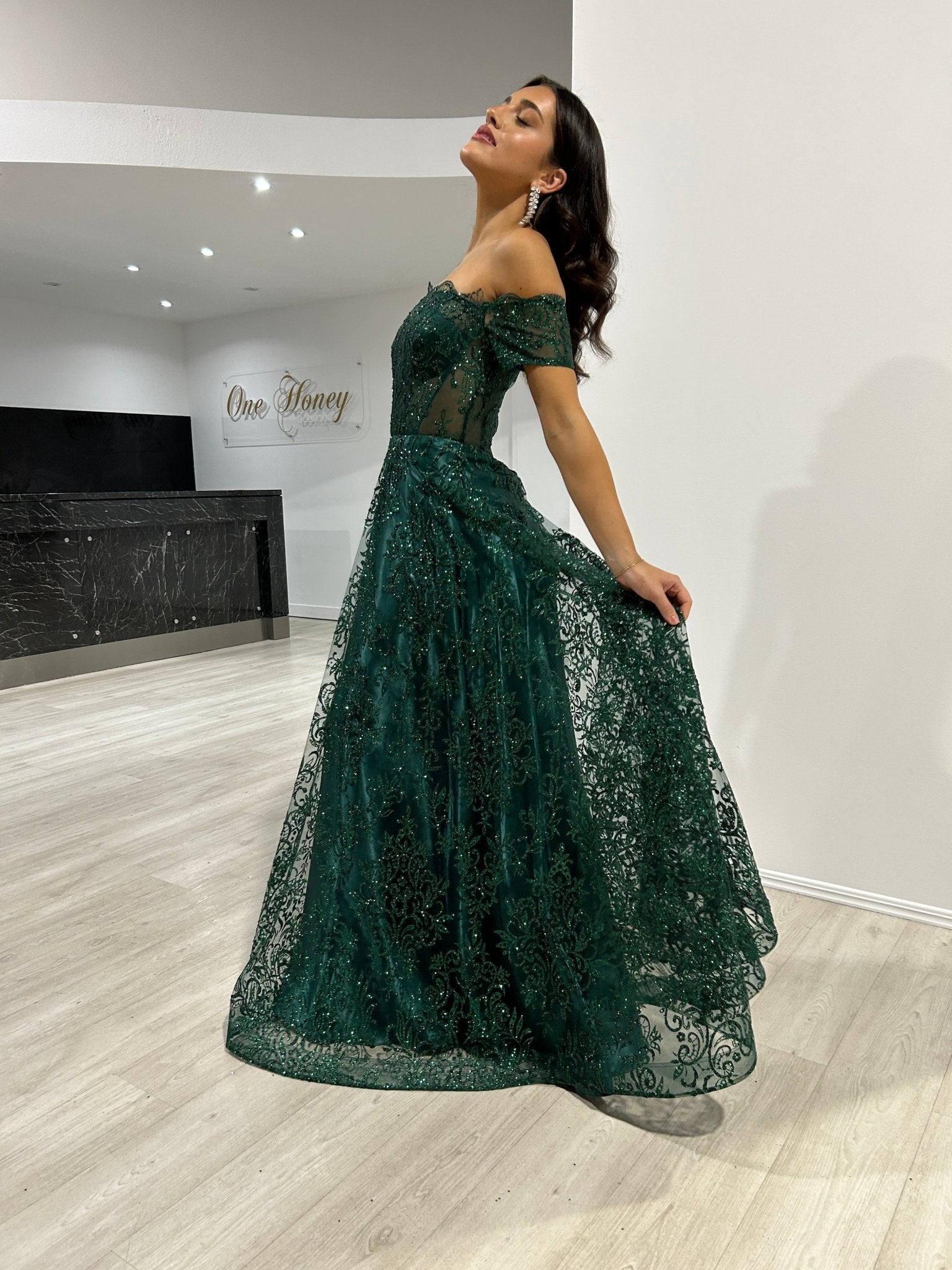 THEA Off The Shoulder Glitter Ball Gown Formal Dress in Australia | One Honey Boutique