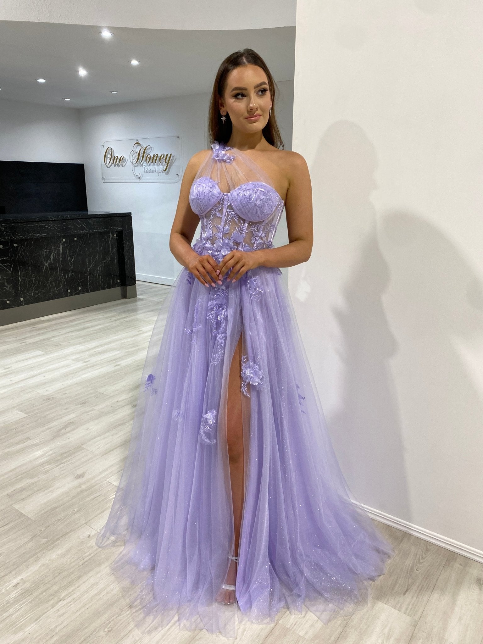 LUCIA Sheer One Shoulder Bustier Corset Tulle Formal Gown by LDV – A Line Dress in Australia | One Honey Boutique Australia | Prom & Formal Dresses
