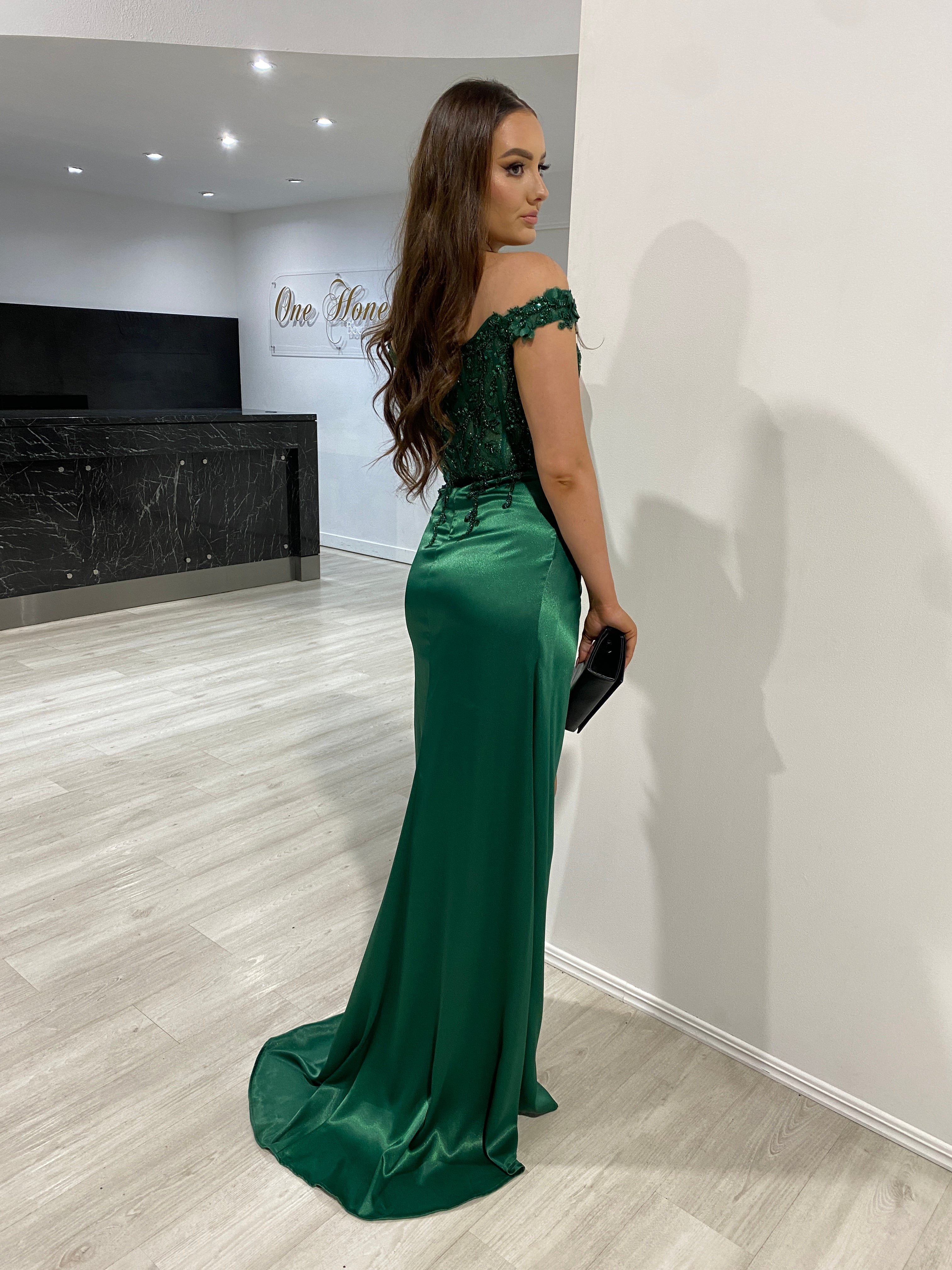 THELMA Sequin Bustier Corset Satin Mermaid Formal Dress with floral off-shoulder design. Evening gown, Brisbane to Gold Coast, Australia.