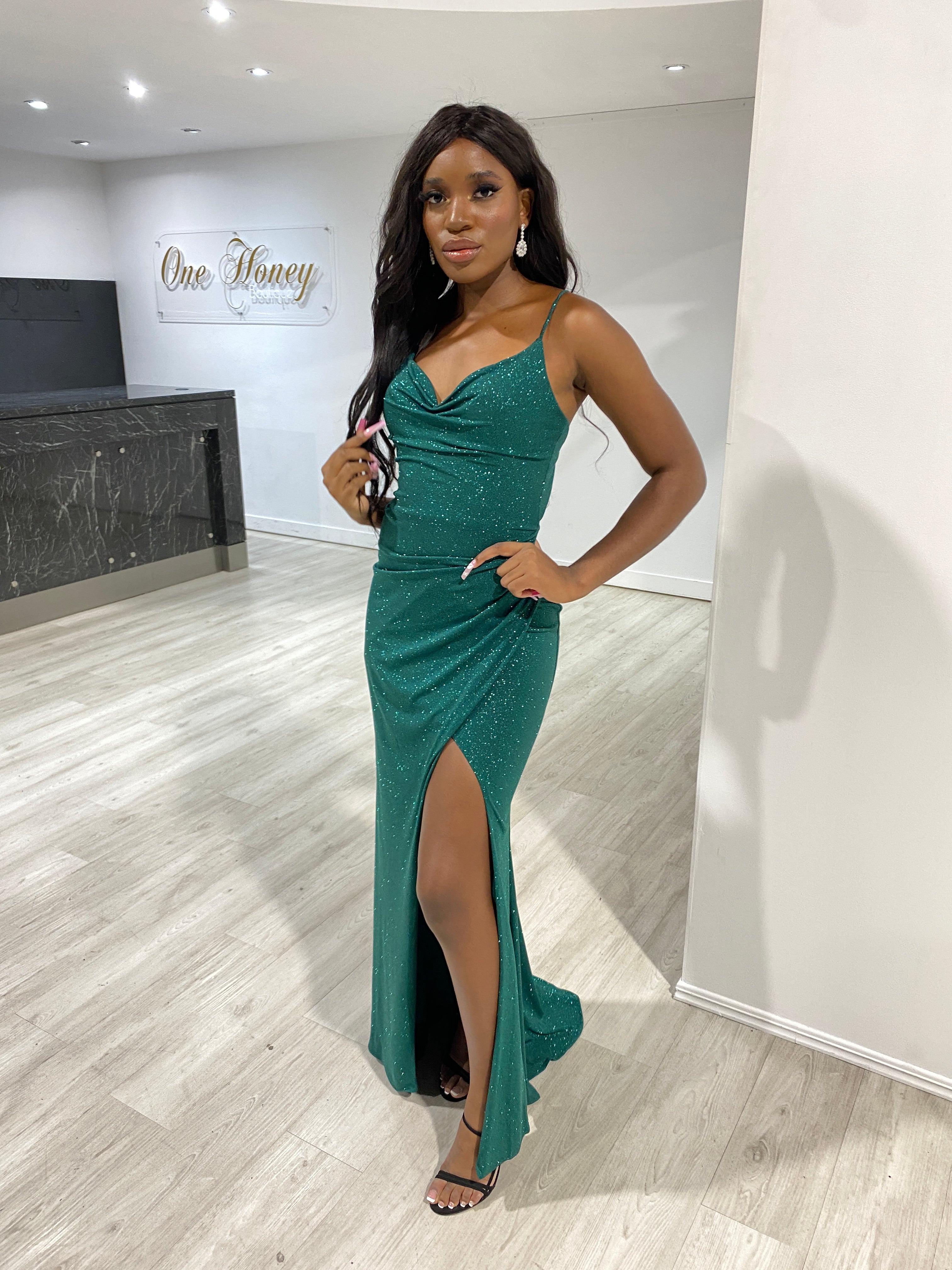 CRISTELLA Crystal Shimmer Glitter Corset Mermaid Gown, featuring a chic cowl neckline and daring leg slit. Brisbane to Gold Coast.