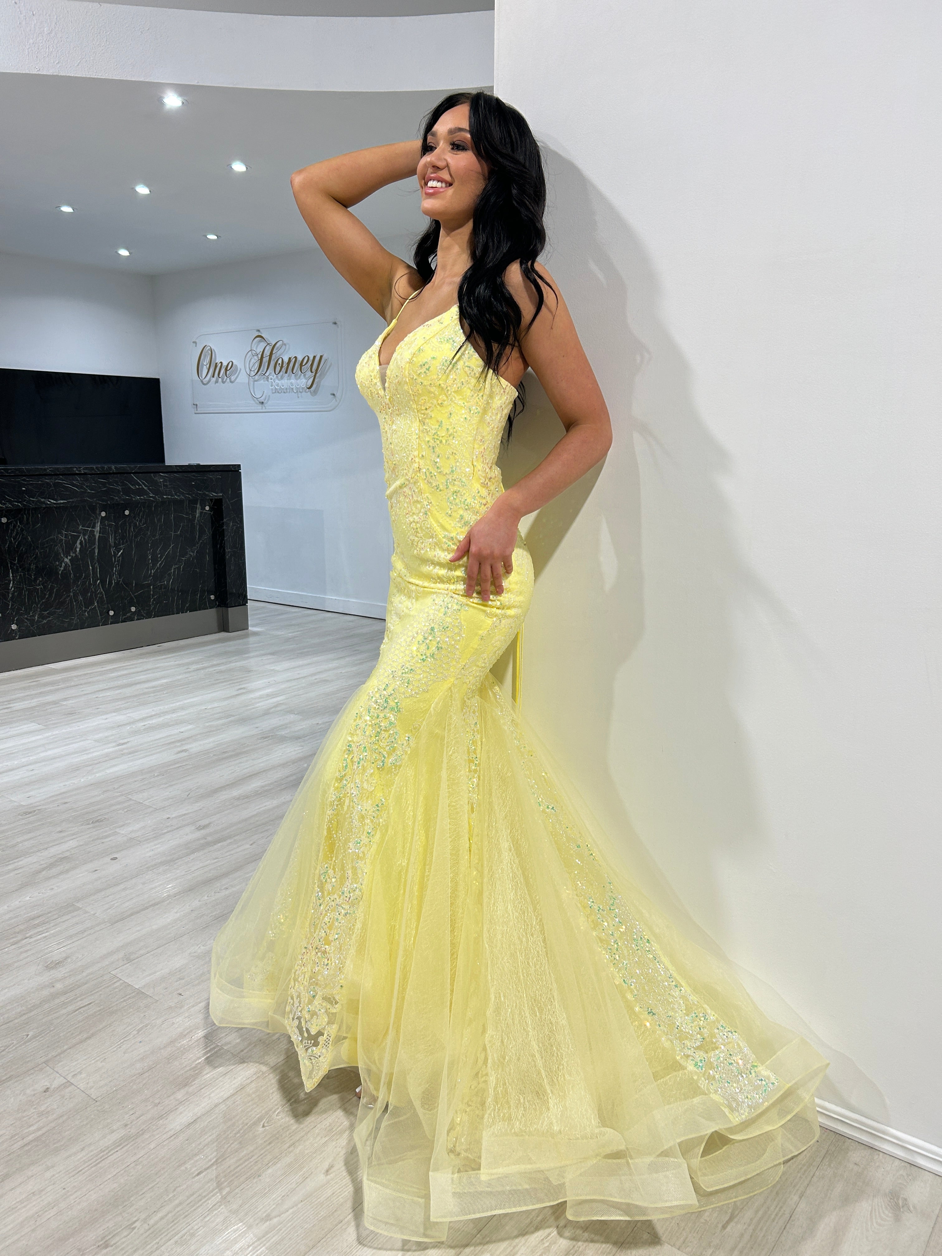 SHAYLA sequin mermaid gown with glitter pattern and lace-up back, evening dress. Brisbane to Gold Coast, Australia.