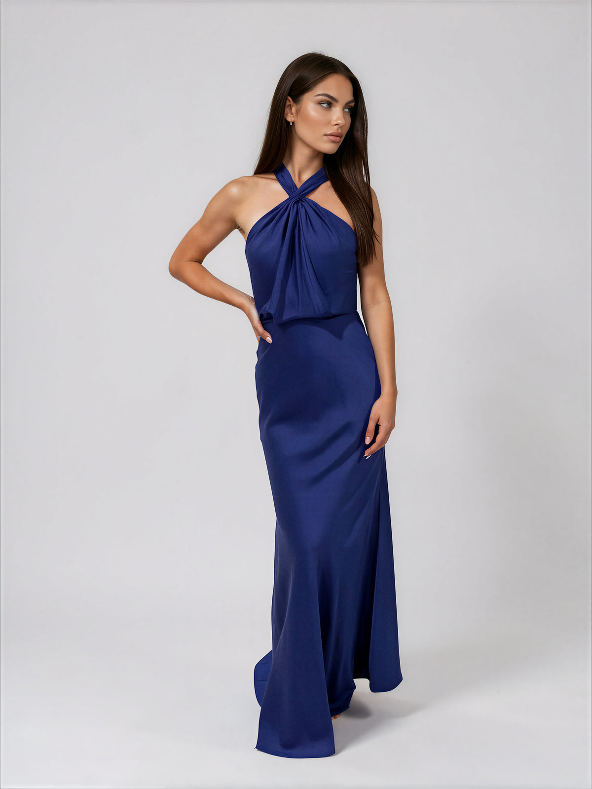 Honey Couture ALLIE Navy Blue Silky Halter Neck Formal Dress in Australia | One Honey Boutique