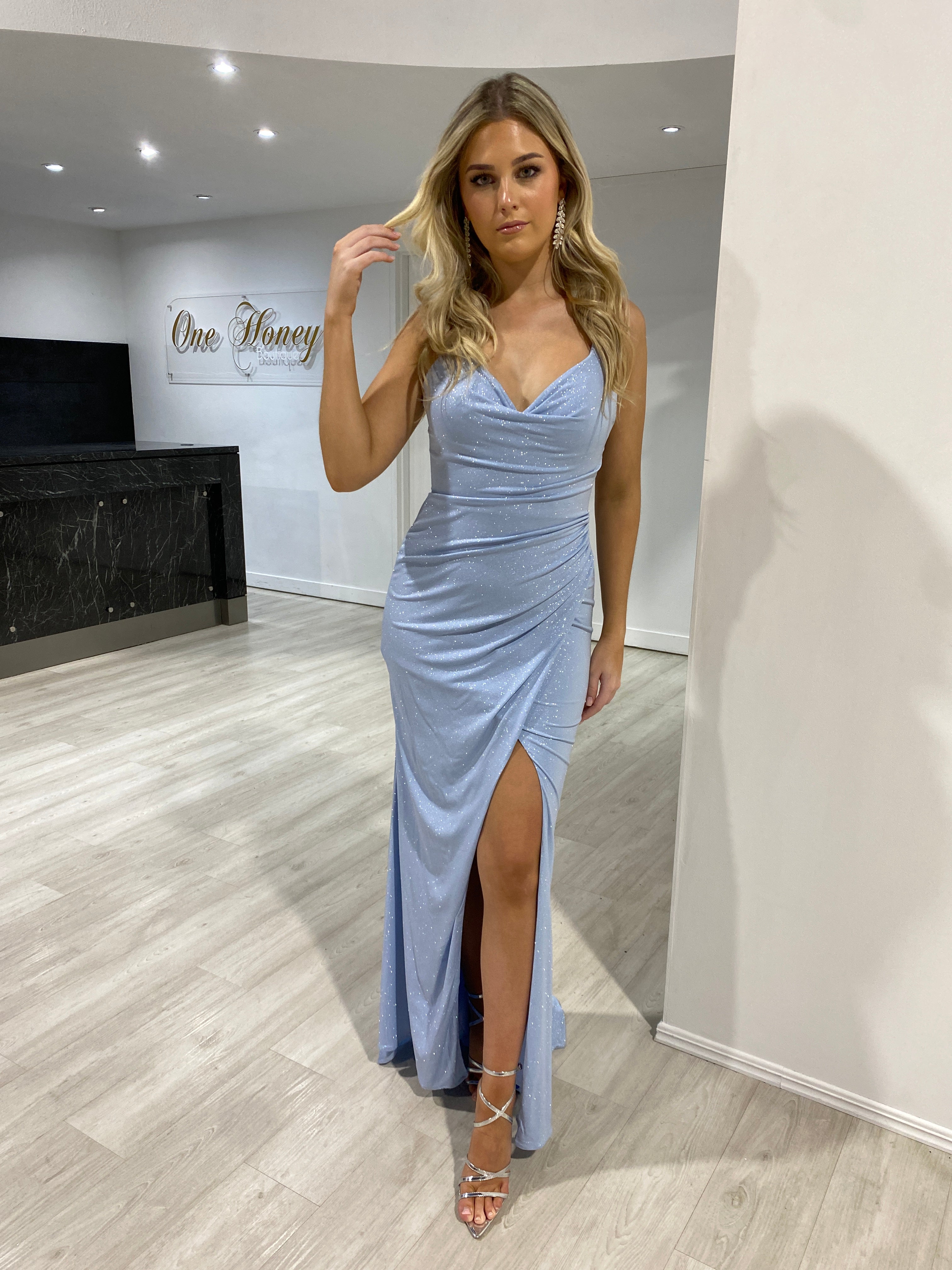 CRISTELLA corset mermaid gown with glitter and leg slit, perfect for formal events from Brisbane to Gold Coast, Australia.