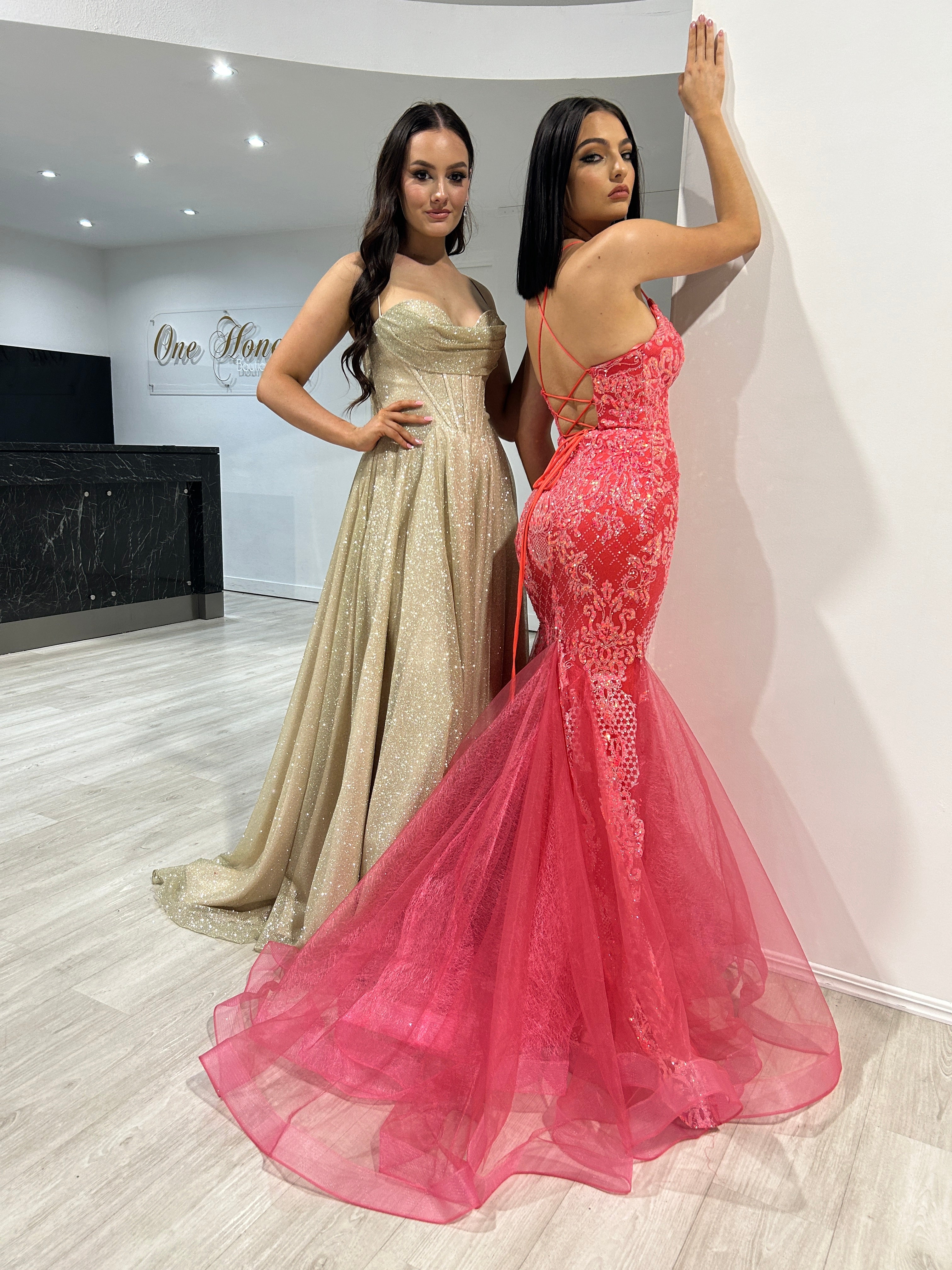 SHAYLA glitter mermaid gown with lace-up back and layered tulle tail, evening dress Brisbane to Gold Coast, Australia.