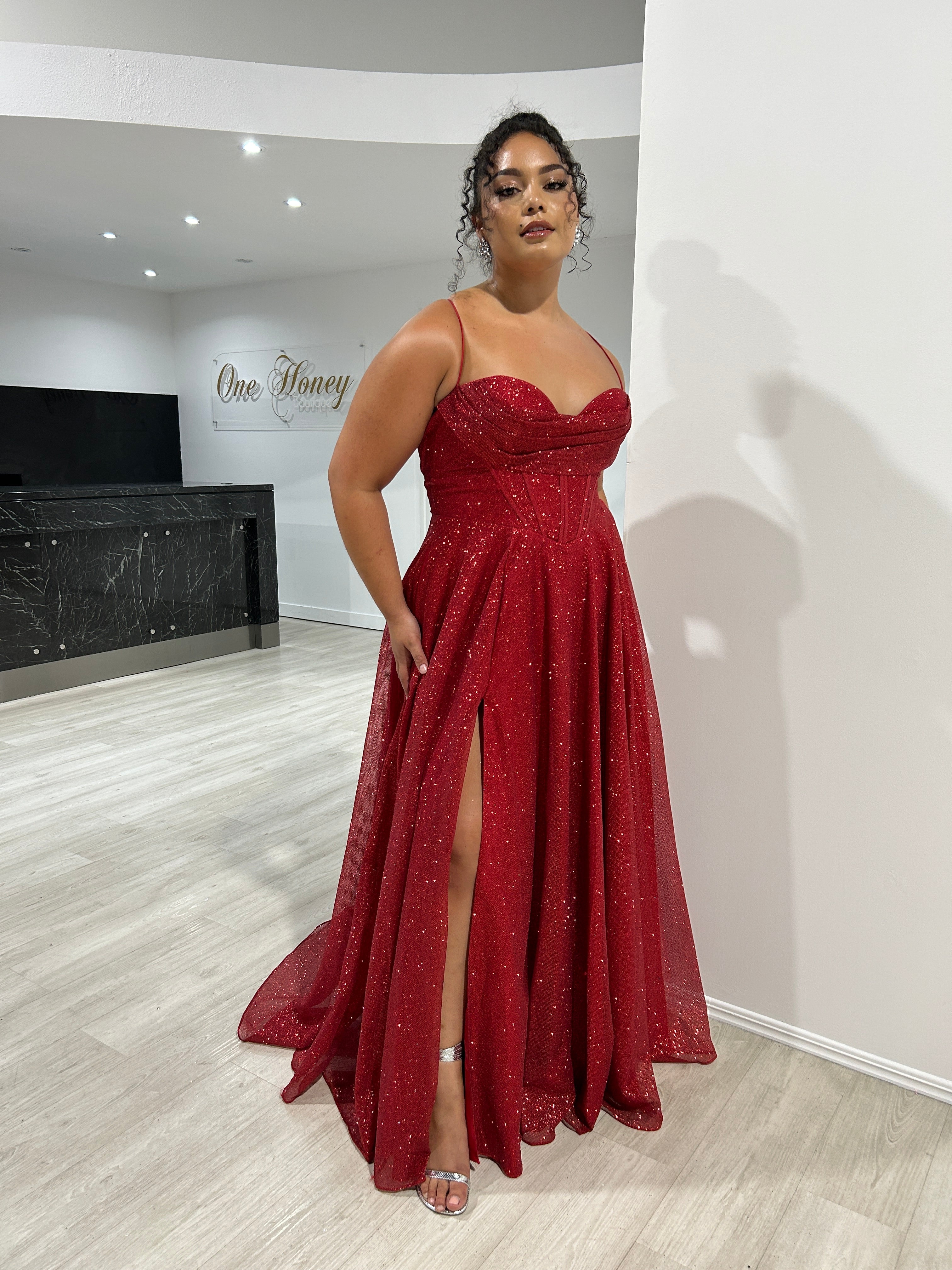 DREYA Curve Corset Glitter School Formal Dress with a pleated cowl neckline. Perfect for Brisbane to Gold Coast.