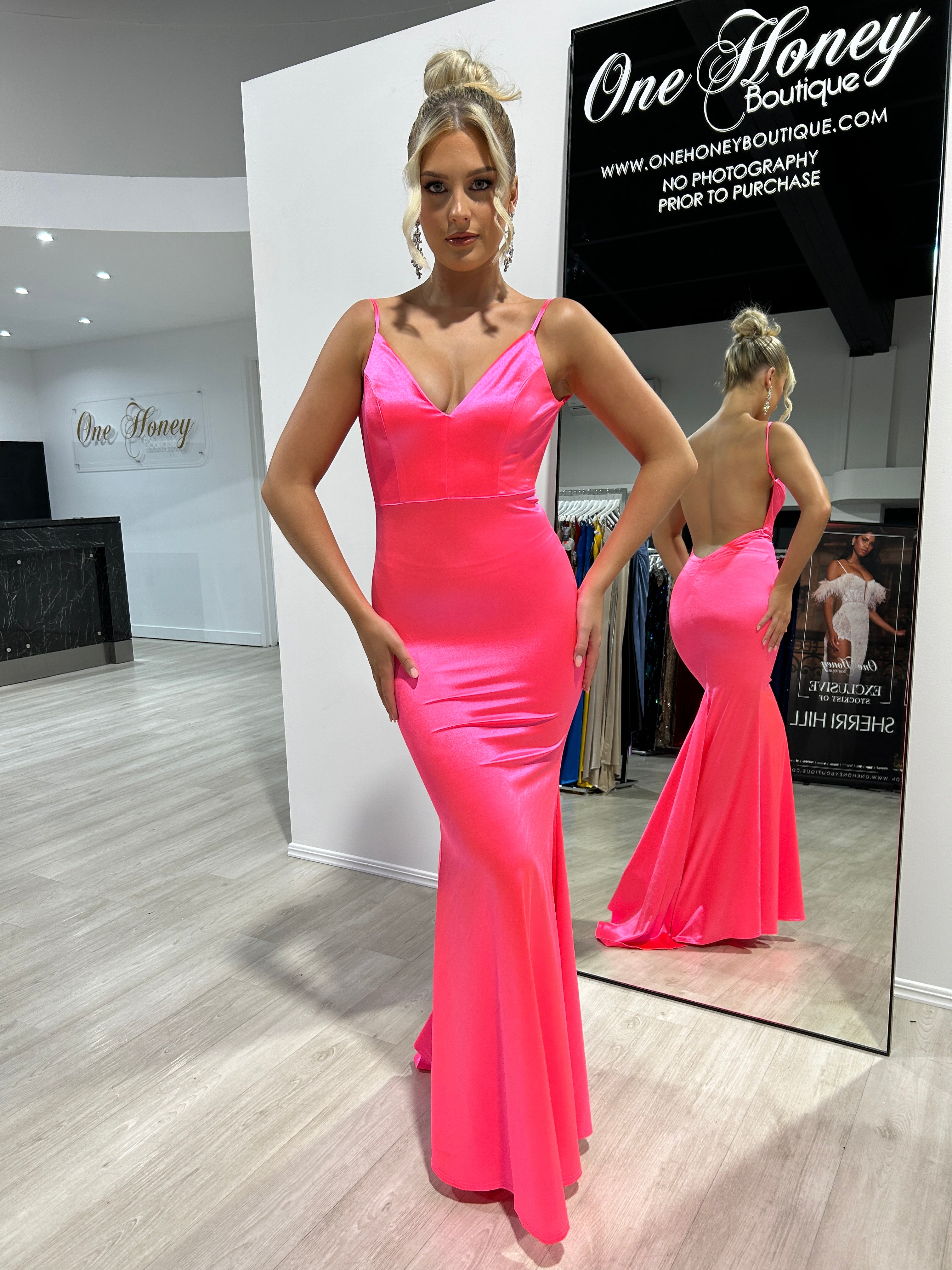 Honey Couture CYRUS Neon Fuchsia Pink Bum Scrunch Low Back Mermaid Formal Dress