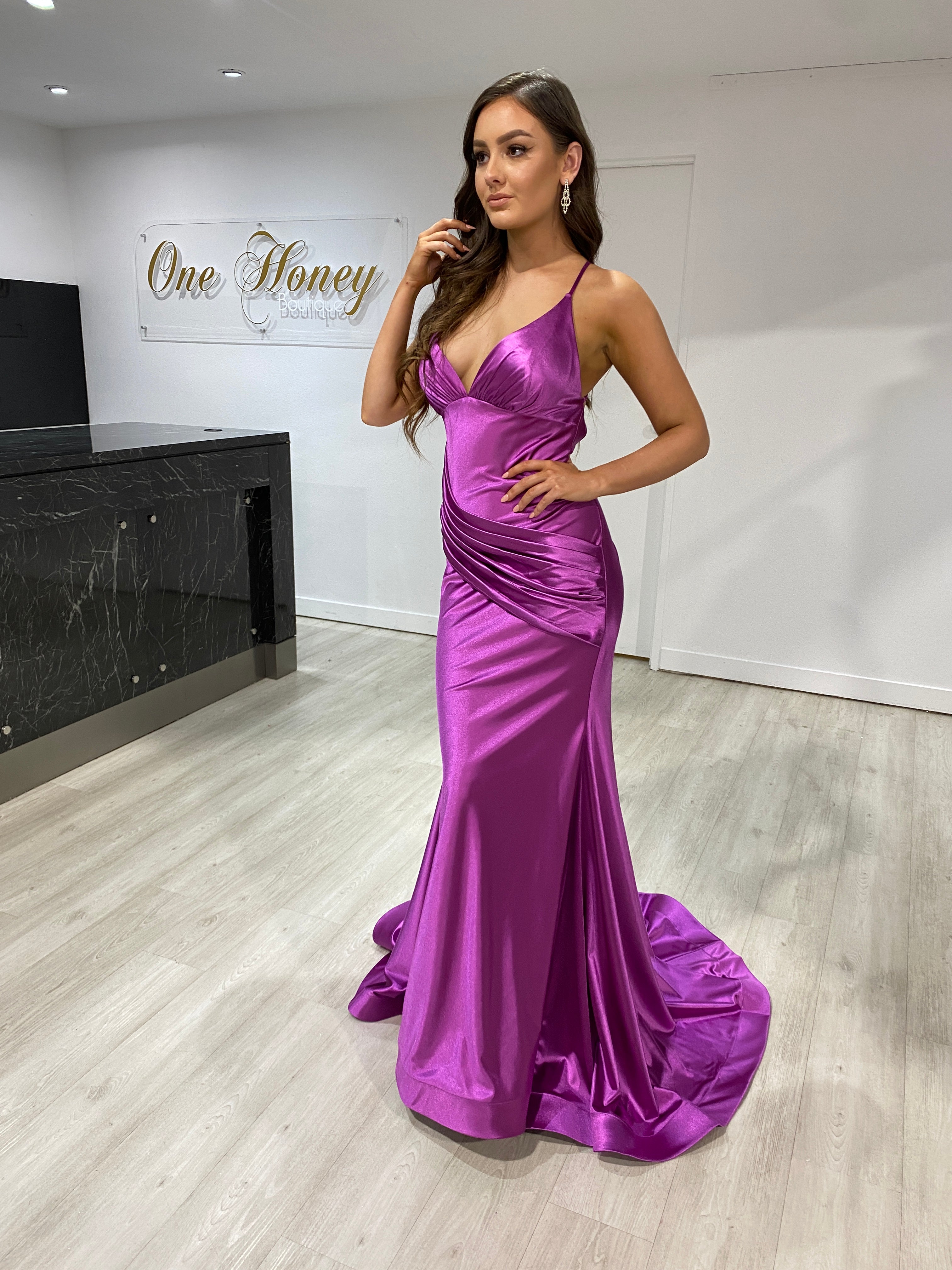 COCO Mermaid Gown with satin fabric and bum ruching, perfect for formal events in Brisbane to Gold Coast, Australia.