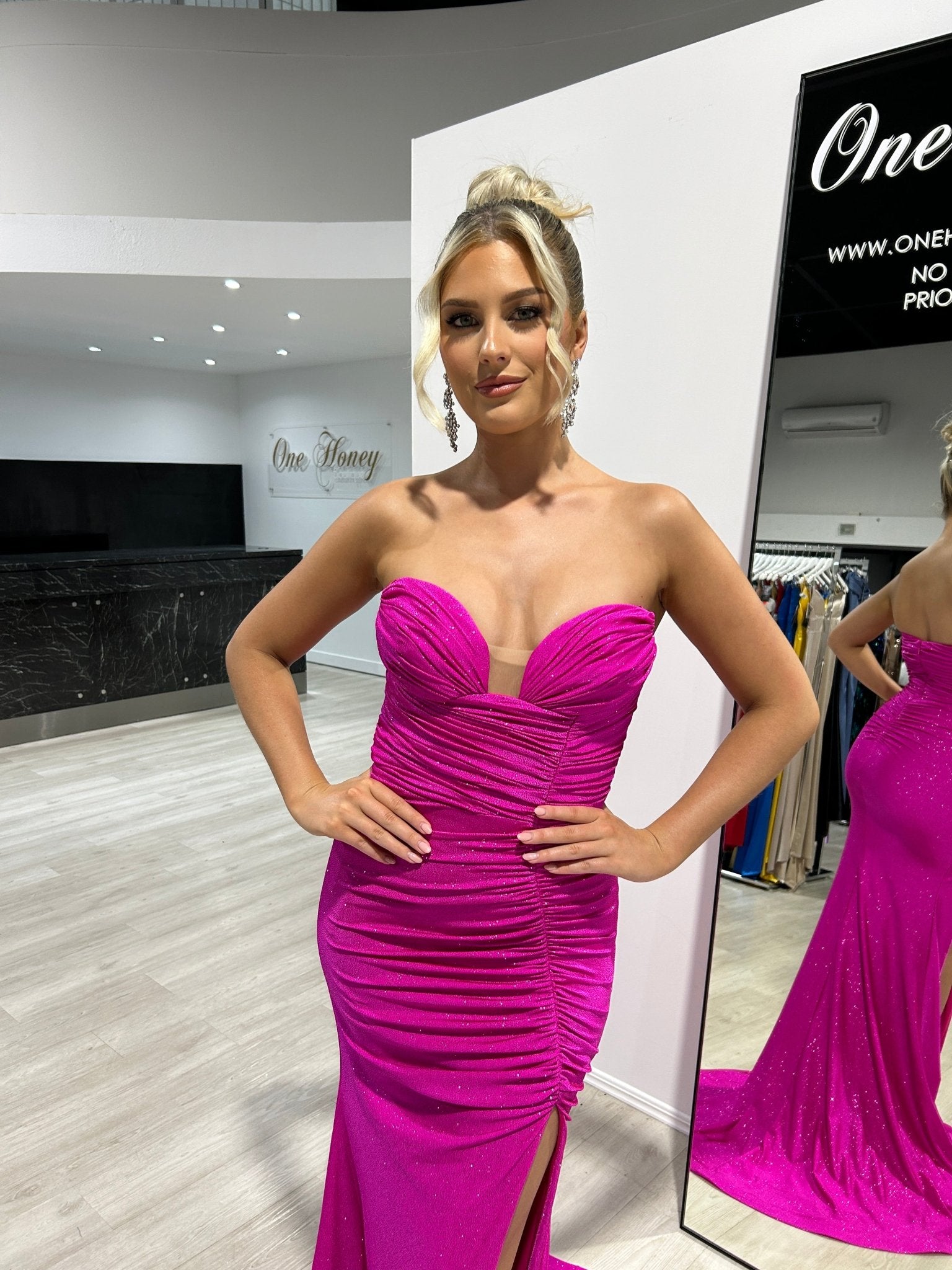 JESIKA Glitter Strapless Mermaid Dress with Gloves in Australia | One Honey Boutique