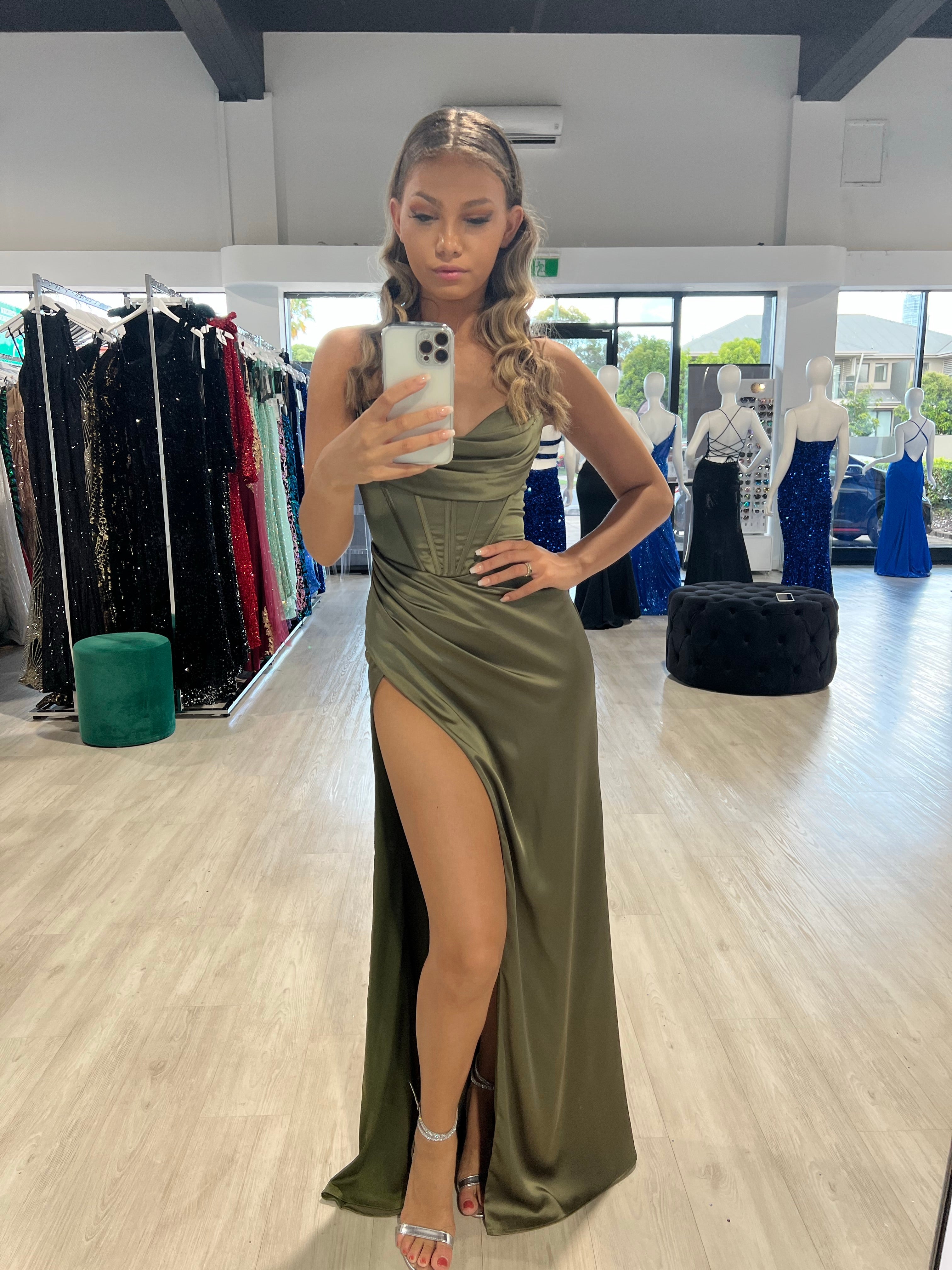 ZENDAYA Satin Corset Bustier with Leg Split School Formal Dress in Sage; an elegant, silky gown, perfect for Brisbane to Gold Coast.