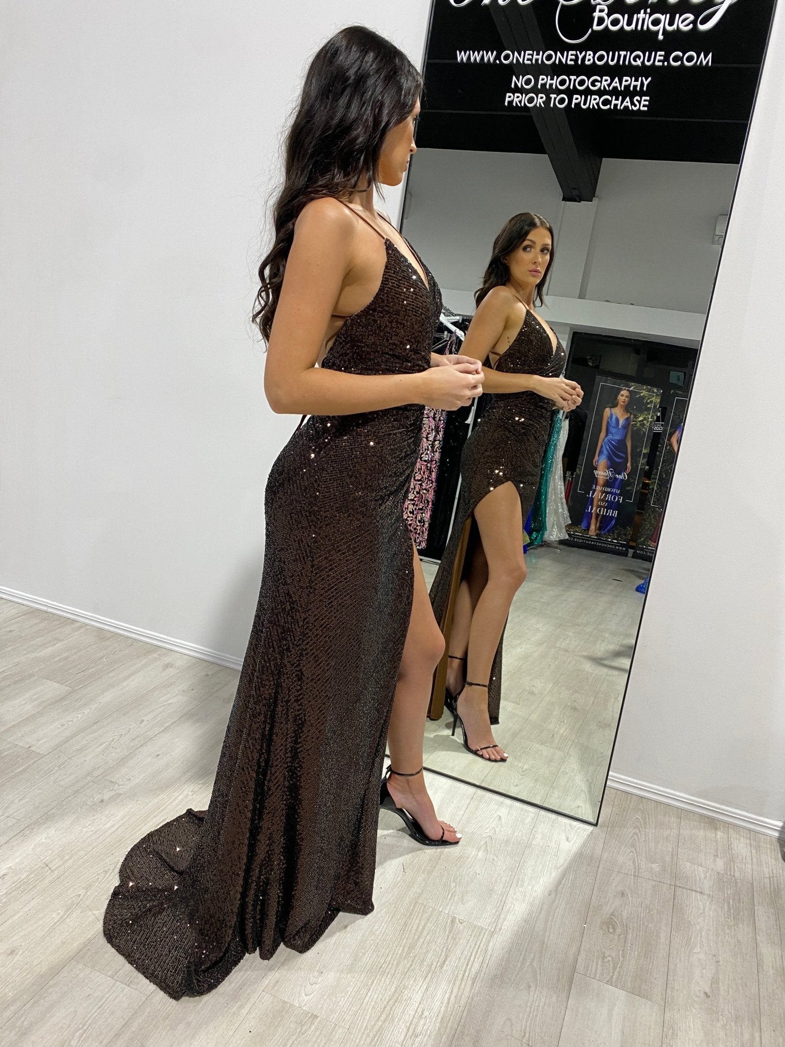 MARILYN Ruched Waist Hidden Corset Leg Split Sequin Formal Gown in Australia | One Honey Boutique