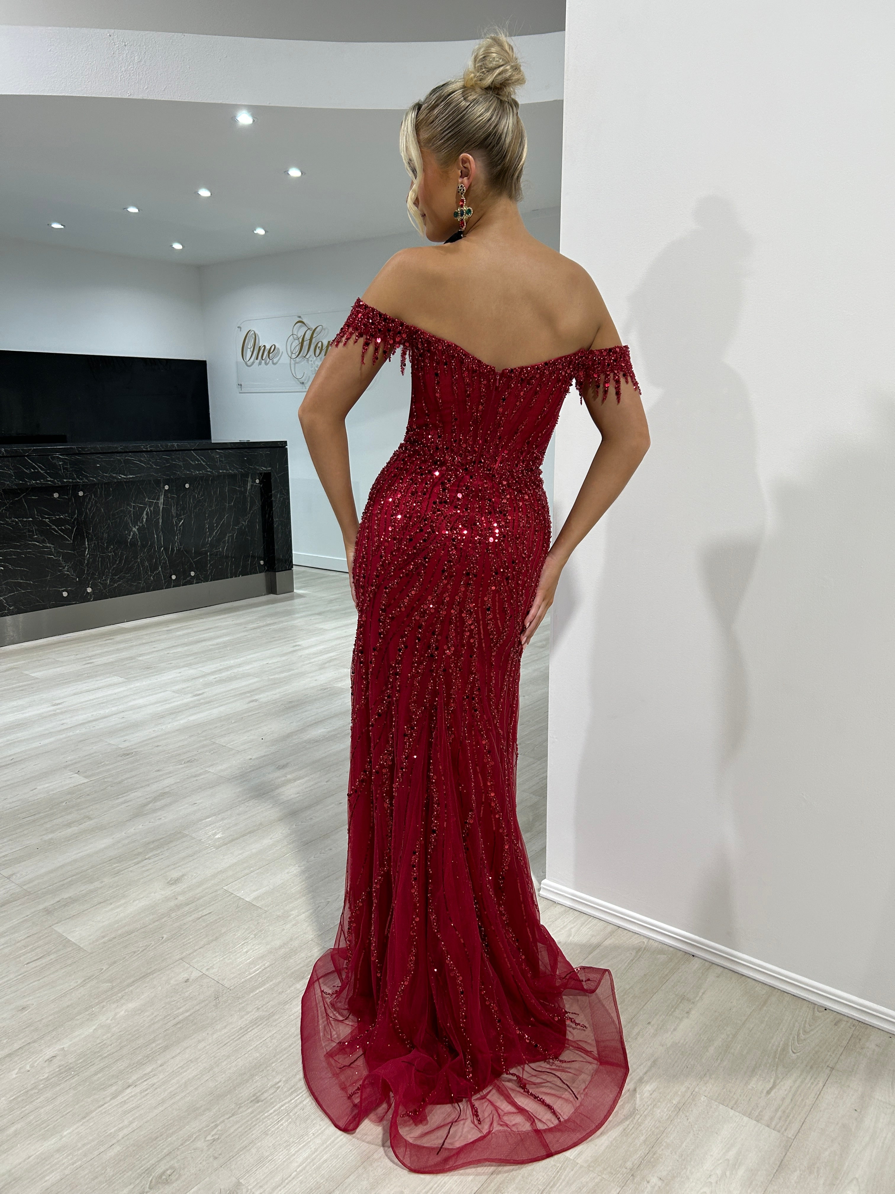 Honey Couture SOVIA Burgundy Off The Shoulder Beaded Embellished Corset Mermaid Formal Dress