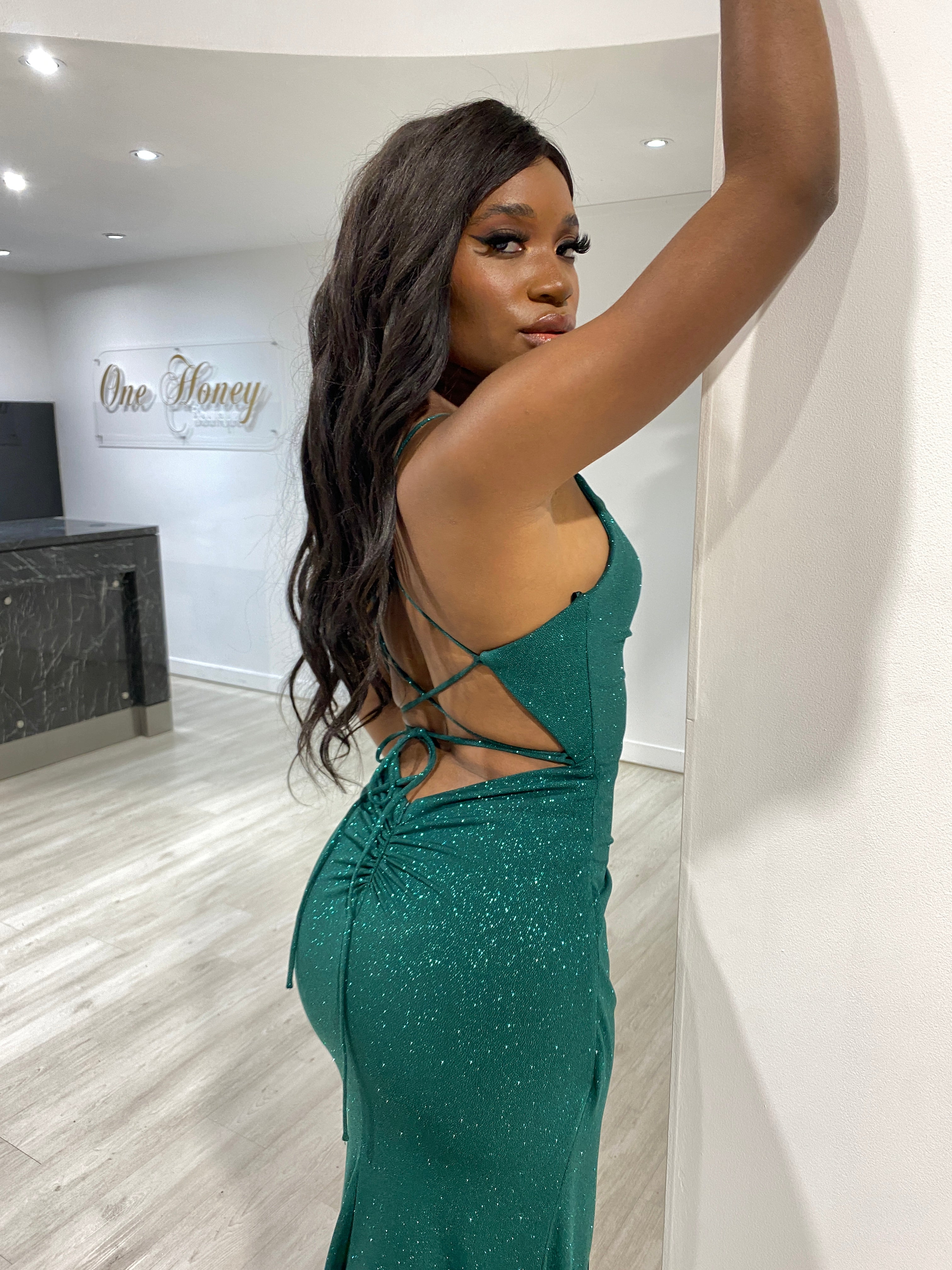 CRISTELLA glitter corset mermaid evening gown, chic cowl neckline with daring leg slit, Brisbane to Gold Coast Australia