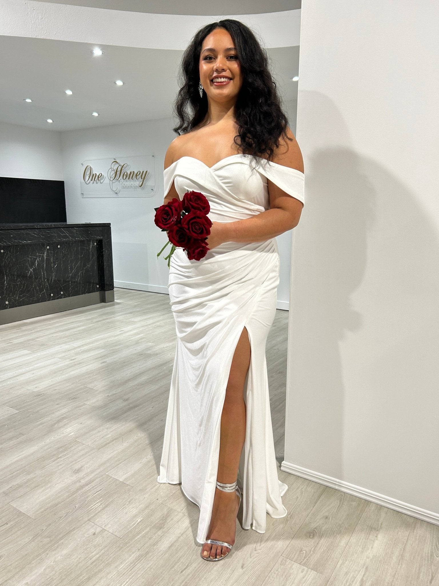 LAILA Off Shoulder Silky Bridesmaid Semi Formal Dress in Australia | One Honey Boutique