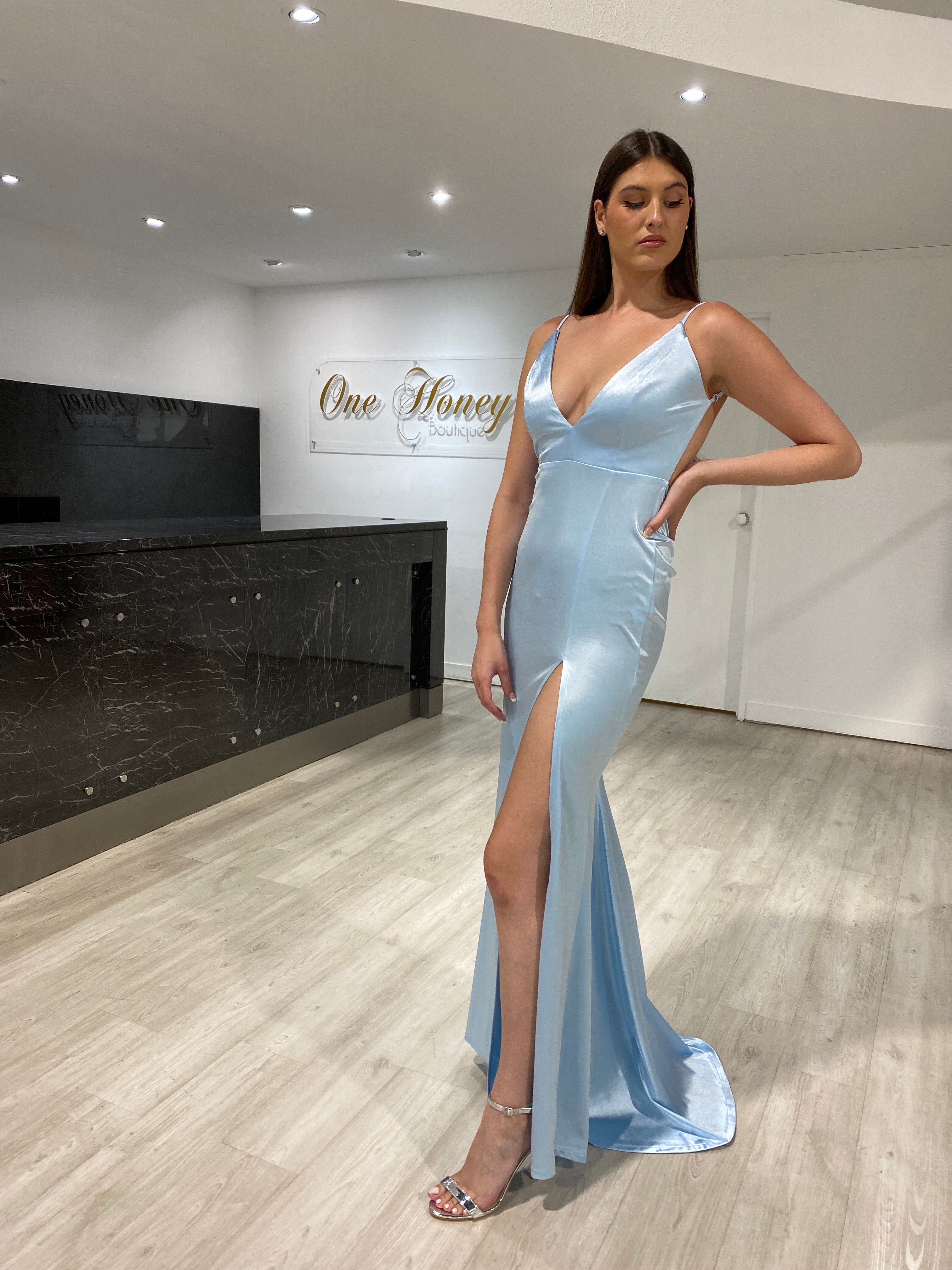 Honey Couture MILEE low back mermaid evening gown with leg split in blue, Australian designer prom dress, affordable and elegant.