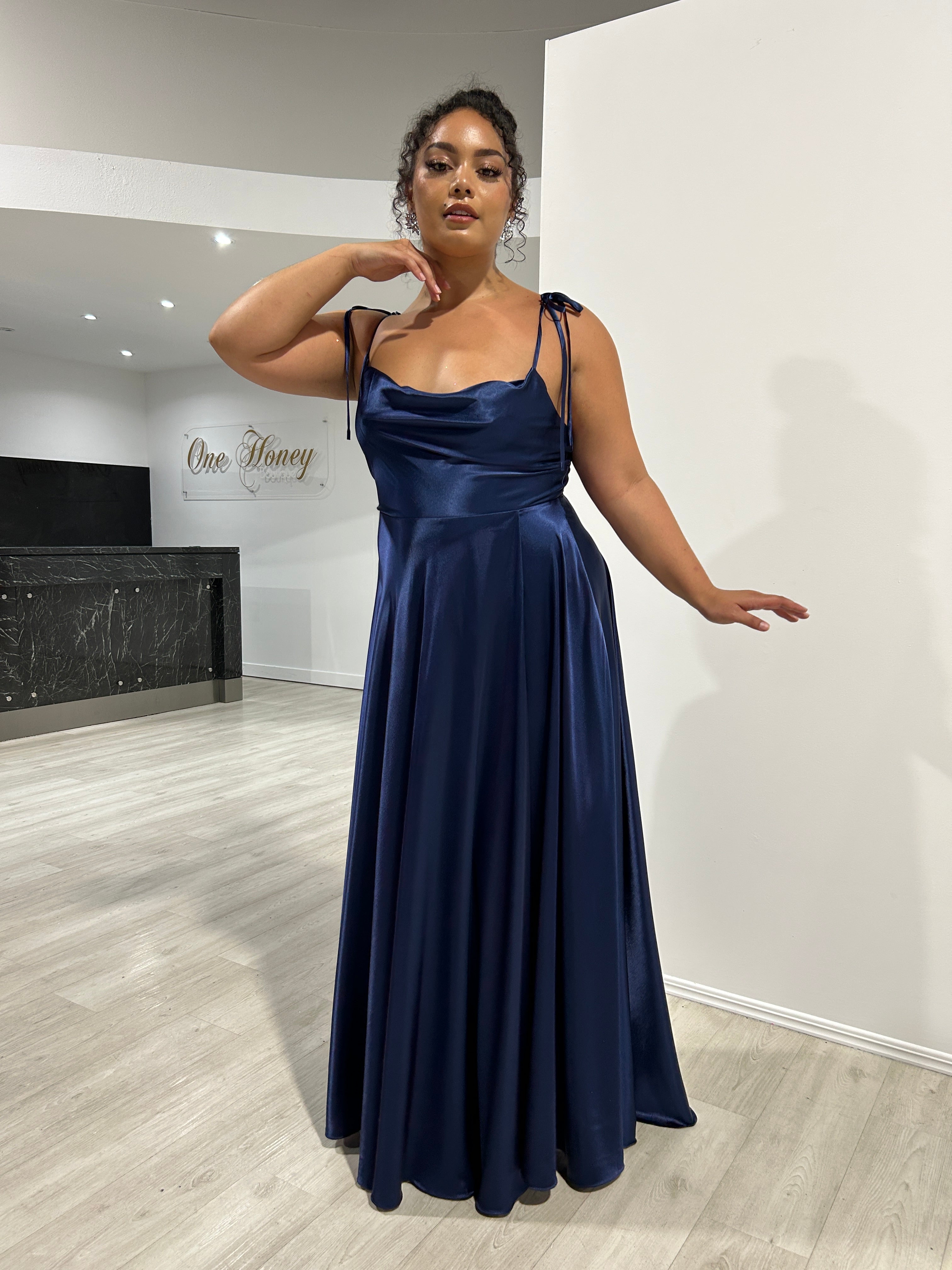XENA silky navy A-line tie-up evening gown with cowl neckline, ideal for bridesmaids or formals. Brisbane to Gold Coast.