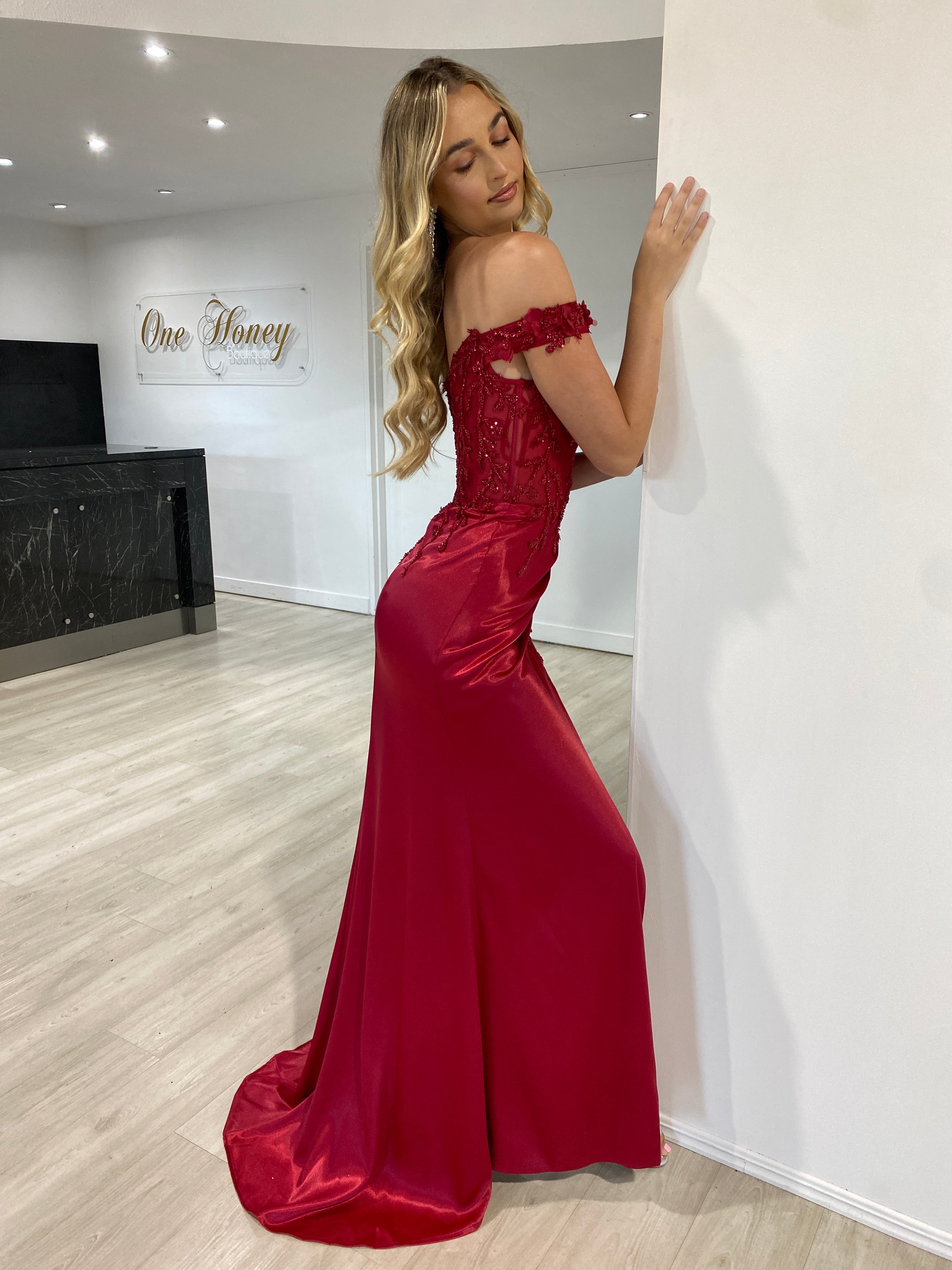 THELMA Sequin Bustier Corset Satin Mermaid Formal Dress with floral off-shoulder design, lace bodice. Brisbane to Gold Coast, Australia.