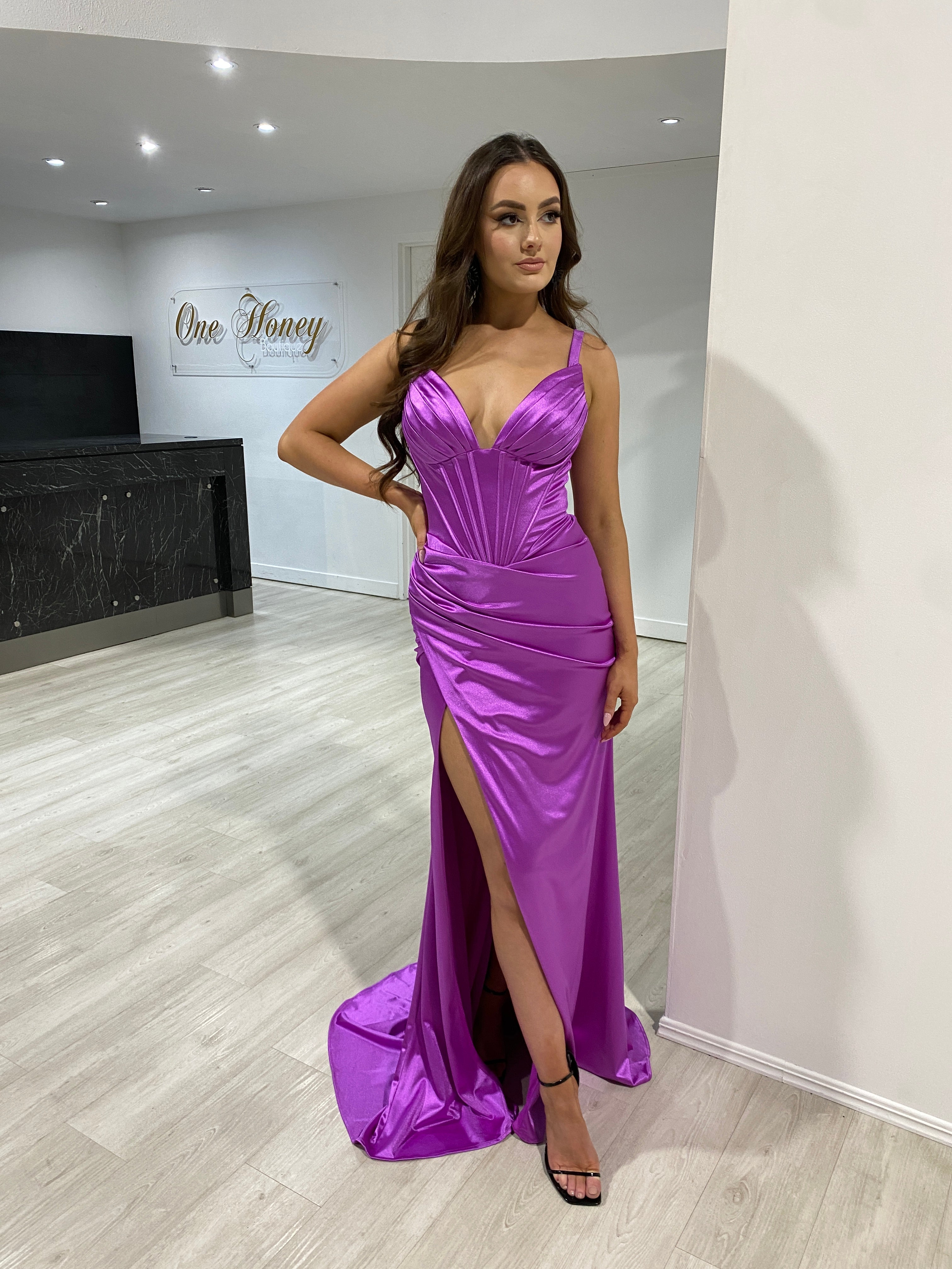 JADE Silky Satin Corset Leg Split Formal Dress with a glamorous satin slit evening gown, Brisbane to Gold Coast.