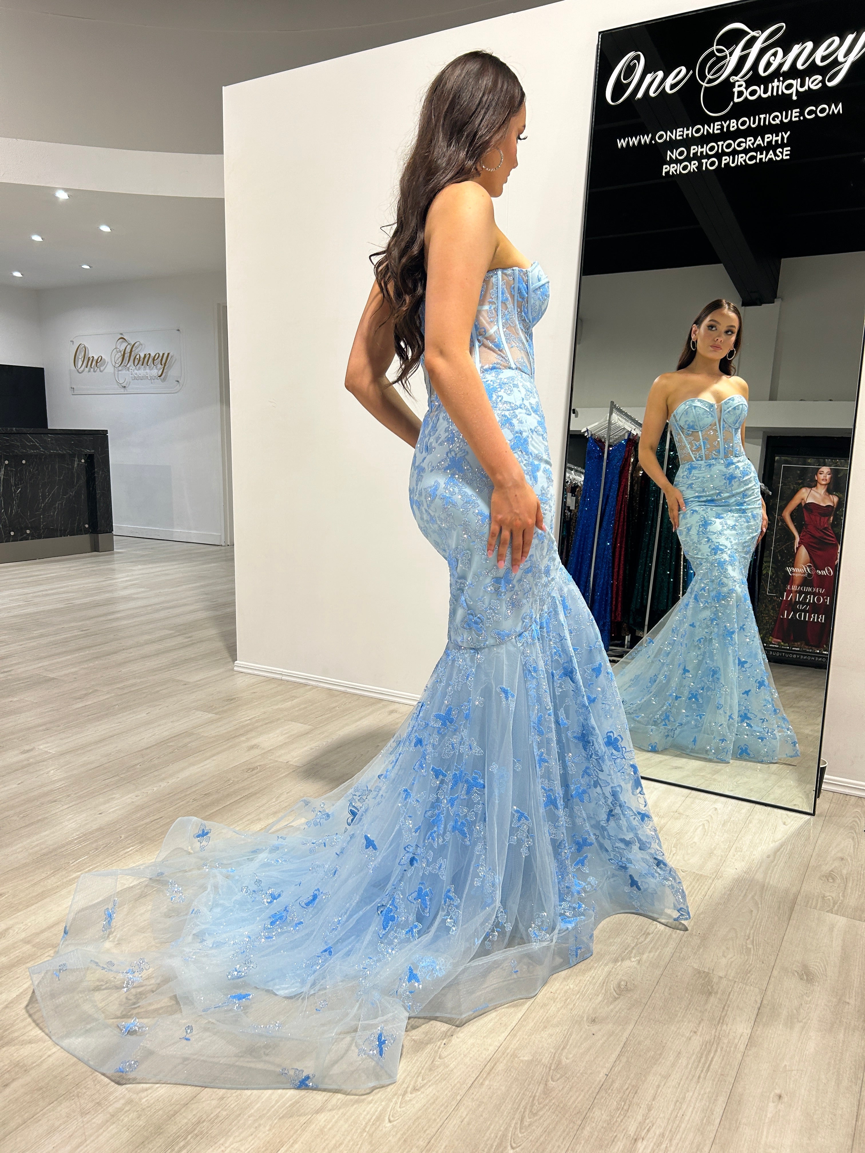 ENID Glitter Strapless Bustier Mermaid Formal Dress with butterfly prints, showcasing sheer corset bodice, perfect prom gown Brisbane to Gold Coast.