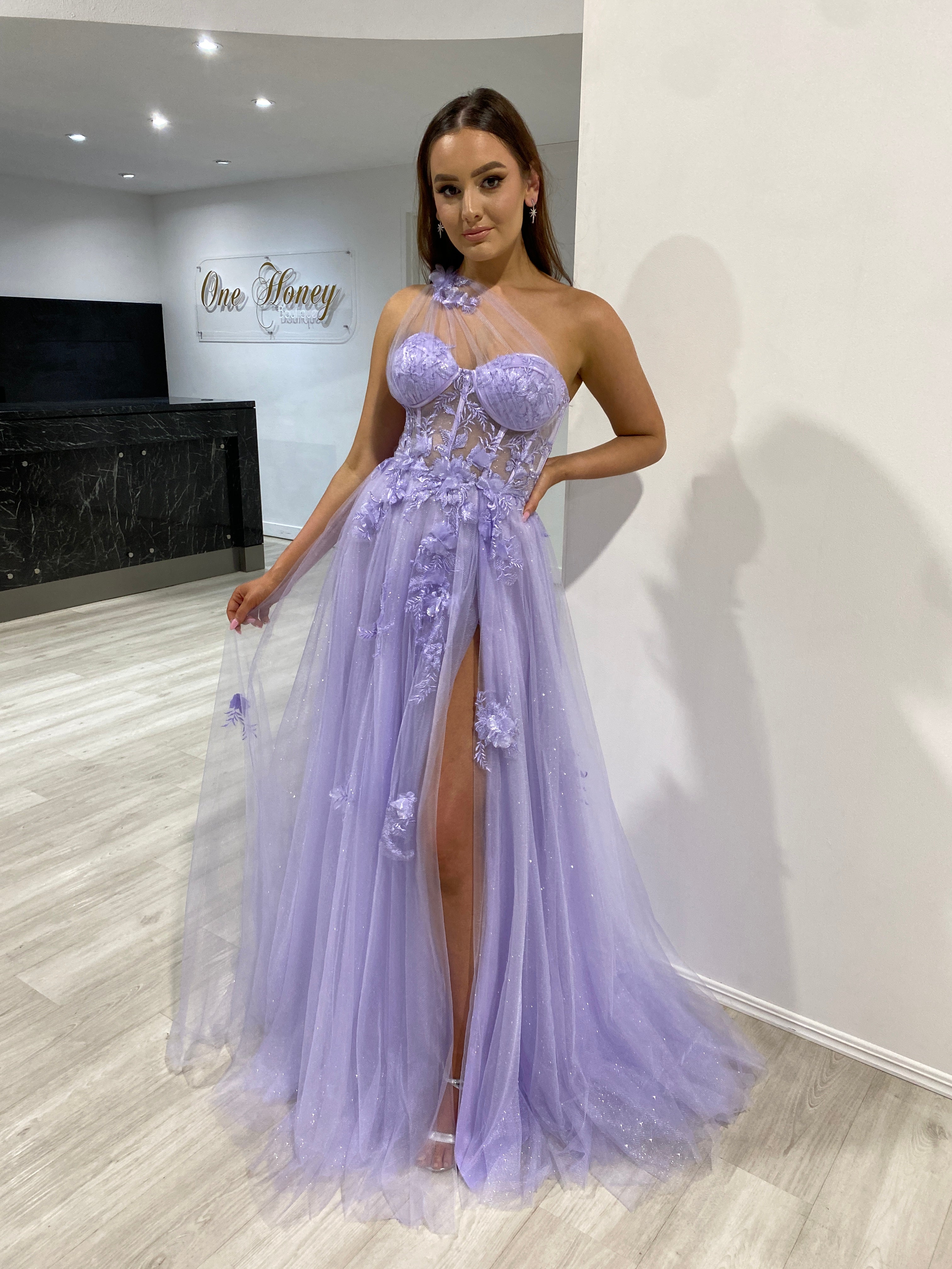 LUCIA Sheer Bustier Corset Tulle Formal Gown with lace floral appliqué and voluminous tulle skirt, evening gown. Brisbane to Gold Coast.