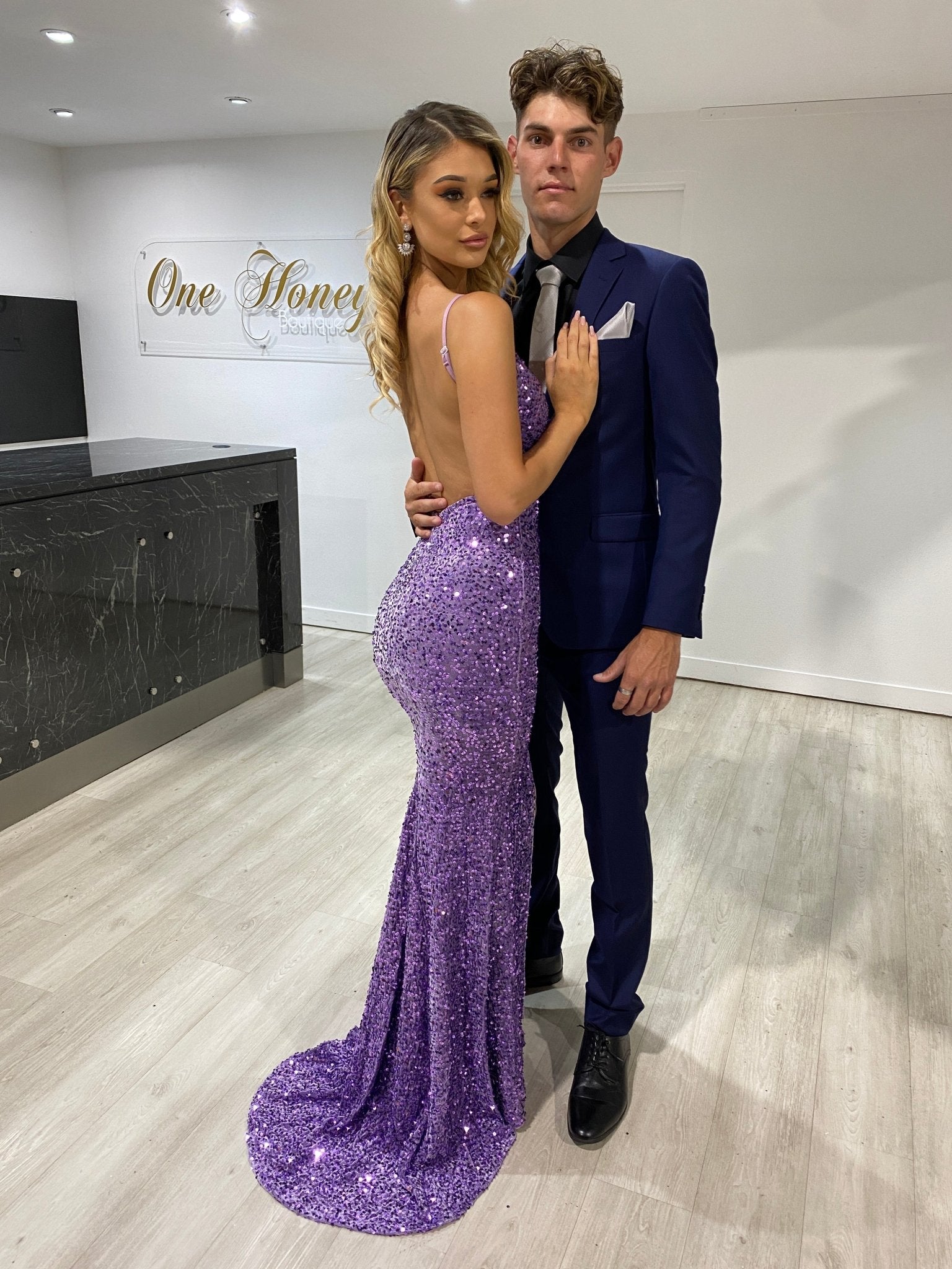 Honey Couture KAYTUM Low Back Sequin Mermaid Evening Gown Dress in Australia | One Honey Boutique