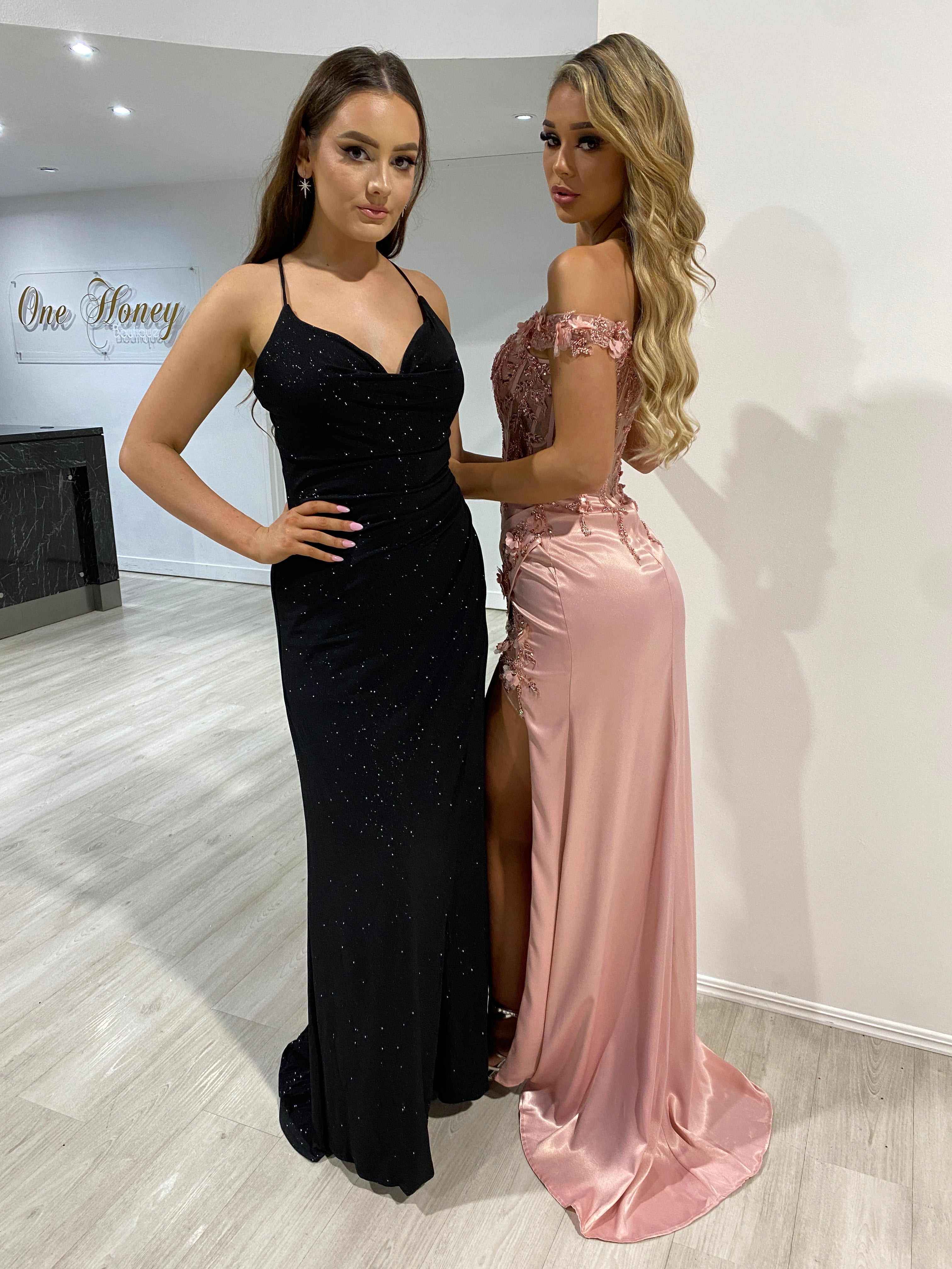 THELMA Sequin Bustier Corset Satin Mermaid Formal Dress featuring floral off-shoulder design and lace bodice. Brisbane to Gold Coast, Australia.