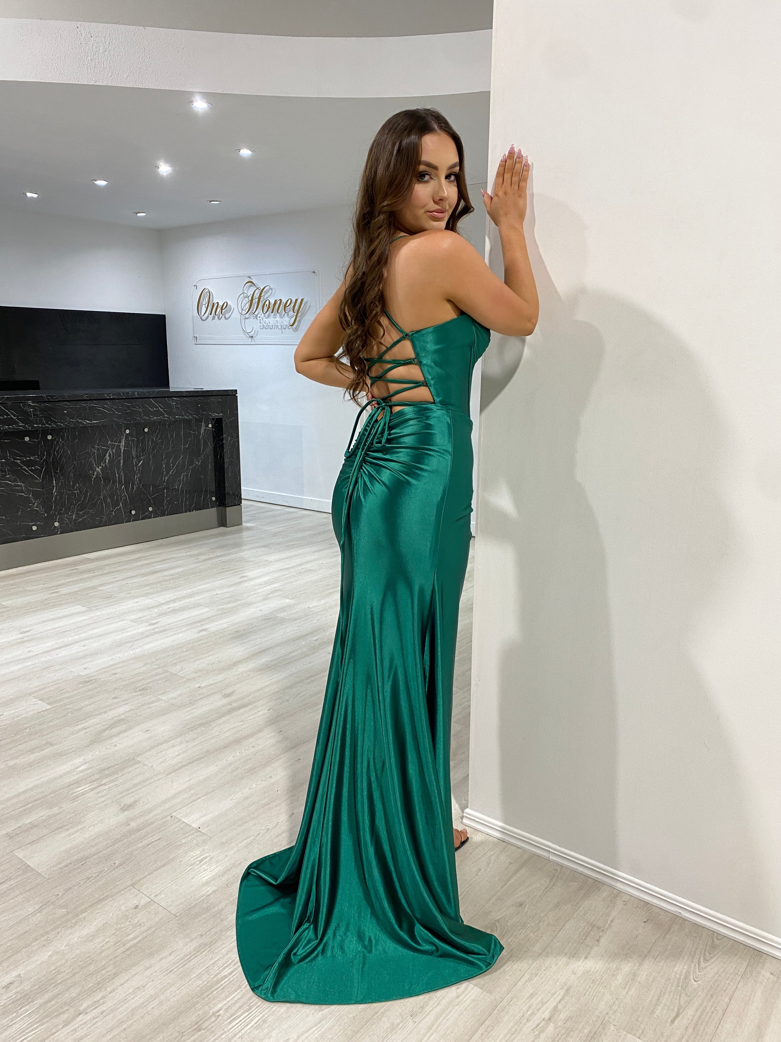 Honey Couture RAFAELLA Emerald Crystal Diamante Bustier Corset Lace Up Back Silky Mermaid Formal Dress (RED TAG FINAL SALE)